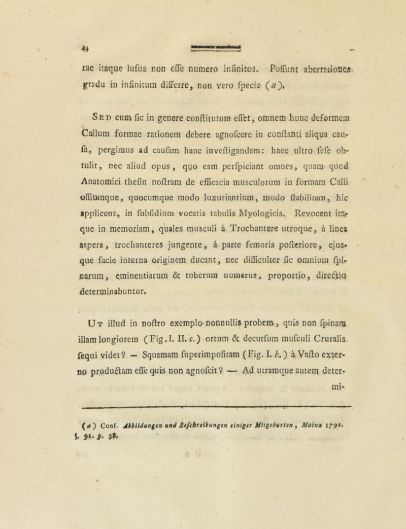 rae itaque lufus non eflfe numero infinitos. Pofllint aberra do DCjS gradu in infinitum differre, non vero fpecie (<7)4 Sed cum fic in genere confiitutum effet, omnem hunc deformem Callum formae rationem debere agnofcere in conflanti aliqua caur fa, pergimus ad caufam hanc inveftigandam: haec ultro fefe ob- tulit, nec aliud opus, qyo eam perfpiciant omnes, quam quod Anatomici thefin noftram de efficacia musculorum in formam Calli offiumque, quocumque modo luxuriantium, medo ftabilitam, hic applicent, in fubfidium vocatis tabulis Myologicis. Revocent ito que in memoriam, quales musculi a; Trochantere utroque, a linea aspera, trochanteres jungente, a parte femoris poflcriore, ejus* que facie interna originem ducant, nec difficulter fic omnium fpi- iiariim, eminentiarum &; tuberum numerus, proportio, dire&iq determinabuntur. Ut illud in noflro exempla nonnullis probem, quis non fpiiiam illam longiorem (Fig.I. II. c.) ortum & decurfum mufculi Cruralis, fequi videt? — Squamam fuperimpofitam (Fig. I. £.) a Vaflo exter- no produ&am efle quis non agnofeit? — Ad utramque autem deter- mi- ■ ■i. ■ ■ ■■■ ■■ ■ ■ '-'i ■ -—— • (a ) Conf. Jbbildungen und Etfcbnibungcn tinigtr Misgcbvrtcn , Mainz l?9** l 91. i. 38*