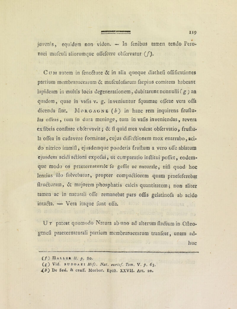 # juvenis, equidem non video. — In fenibus tamen tendo Pero- naei mufculi aliorumque offefcere obfiervatur (/). C itm autem in fenedlute & in alia quoque diathefi offificationes partium membranacearum & mufculofarum faepius comitem habeant lapideam in multis locis degenerationem, dubitarunt nonnulli( g) an quidem, quae in vafis v. g. inveniuntur fquamae offeae vera oflfa dicenda fint. Morgagne (/;) in hanc rem inquirens frudu- hs offeas, tum in dura meninge, tum in vafis inveniendas, revera ex fibris conflare cbfervavit; & fi quid mea valeat obfiervatio, frufl il- la offea in cadavere foeminae, cujus diffedlionem mox enarrabo,aci- do nitrico immifi, ejusdemque ponderis Frudum a vero ofife ablatum ejusdem acidi aclioni expofui, ut comparatio inditui poflet, eodem- que modo os praeternaturale fe g effit ac naturale, nid quod hoc lentius illo folvebatur, propter compactiorem quam praefeferebat drudluram, & majorem phosphatis calcis quantitatem; non aliter tamen ac in naturali ode remanebat pars offis gelatinofa ab acido intacta. — Vera itaque fiunt offa. U t pateat quomodo Natura ab uno ad alterum dadium in Odeo- genefi praeternaturali partium membranacearum tranfear, unam ad- huc (/) PIalle* //. p. 80. C gj Vid. buddaei Mifc. Nat. cur iof. Tom. V. p. 63. De Sed. & cauflf. Morbor. Epift. XXVII. Art. a©.