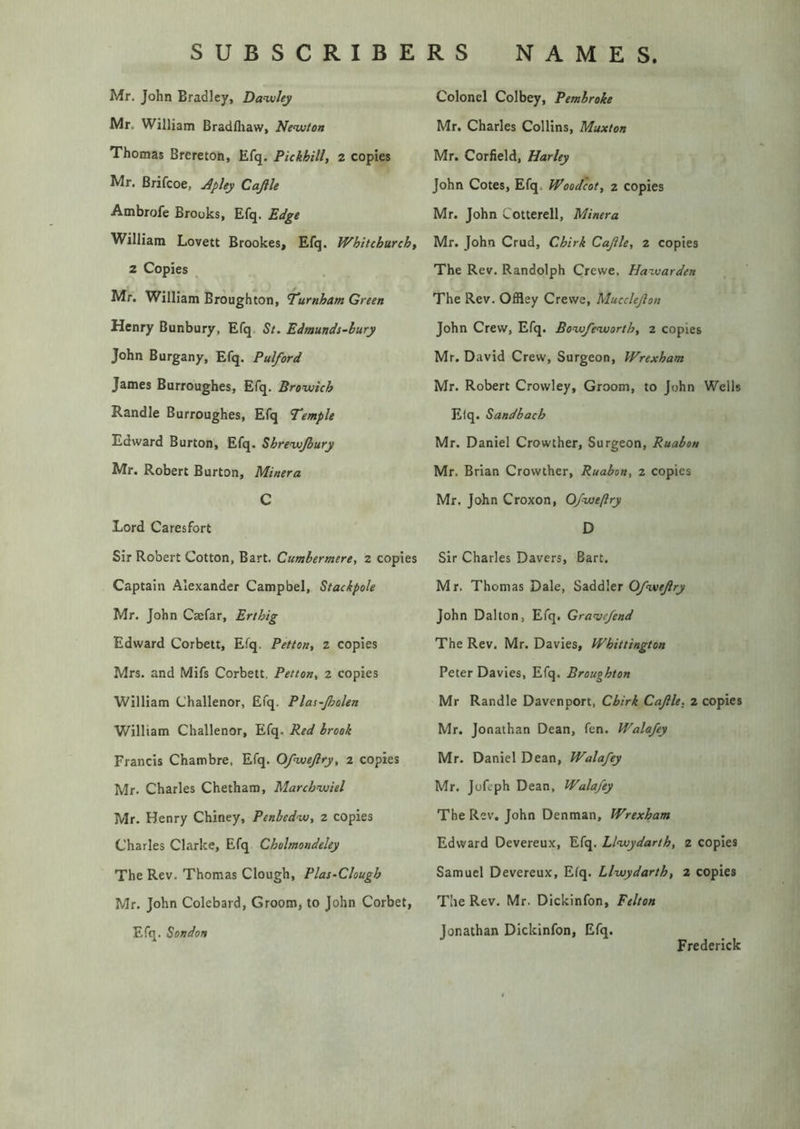 Mr. John Bradley, Dailey Mr. William BradOiaw, Newuton Thomas Brereton, Efq. Pickhill, 2 copies Mr. Brifcoe, j^pley Cajile Ambrofe Brooks, Efq. Edge William Lovett Brookes, Efq. Whitchurch, 2 Copies Mr. William Broughton, Burnham Green Henry Bunbury, Efq St. Edmunds-bury John Burgany, Efq. Pulford James Burroughes, Efq. Brovjich Randle Burroughes, Efq Temple Edward Burton, Efq. Shrewjbury Mr. Robert Burton, Miner a C Lord Caresfort Sir Robert Cotton, Bart. Cumhermere, 2 copies Captain Alexander Campbel, Stackpole Mr. John Caefar, Erthig Edward Corbett, Efq. Petton, 2 copies Mrs. and Mifs Corbett, Petton, 2 copies William Challenor, Efq. Plas-fi/olen William Challenor, Efq. Red brook Francis Chambre, Efq. Of’wejlry, 2 copies Mr. Charles Chetharo, Marchwiel Mr. Henry Chiney, Penbed-w, 2 copies Charles Clarke, Efq Cholmondeley The Rev. Thomas Clough, Plas-Clougb Mr. John Colebard, Groom, to John Corbet, Efq. Sondon Colonel Colbey, Pembroke Mr. Charles Collins, Muxton Mr. Corfield, Harley John Cotes, Efq. Woodcot, z copies Mr. John Cotterell, Minera Mr. John Crud, Chirk Cajile, 2 copies The Rev. Randolph Crewe, Ha^varden The Rev. Offley Crewe, Mucclejion John Crew, Efq. Bow/eviorth, 2 copies Mr. David Crew, Surgeon, Wrexham Mr. Robert Crowley, Groom, to John Wells Elq. Sandbach Mr. Daniel Crowther, Surgeon, Ruabon Mr. Brian Crowther, Ruabon, 2 copies Mr. John Croxon, O/vteftry D Sir Charles Davers, Bart. Mr. Thomas Dale, Saddler Ofwejlry John Dalton, Efq. Grave/end The Rev. Mr. Davies, Whittington Peter Davies, Efq. Broughton Mr Randle Davenport, Chirk Cajile. 2 copies Mr. Jonathan Dean, fen. Wala/ey Mr. Daniel Dean, Walafey Mr. Joftph Dean, Walafey The Rev. John Denman, Wrexham Edward Devereux, Efq. Llwydarth, 2 copies Samuel Devereux, Efq. Llvaydarth, 2 copies The Rev. Mr. Dickinfon, Felton Jonathan Dickinfon, Efq. Frederick
