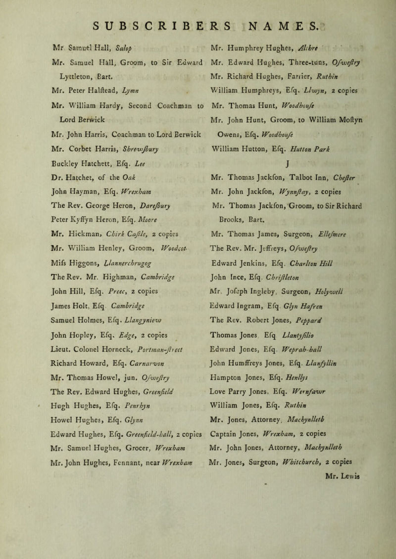 Mr Samuel Hall, Salop Mr. Samuel Hall, Groom, to Sir Edward Lyttleton, Bart. Mr. Peter Halllead, Lymn Mr. William Hardy, Second Coachman to Lord Berwick Mr. John Harris, Coachman to Lord Berwick Mr. Corbet Harris, Shre-ivjbury Buckley Hatchett, Efq. Lee Dr. Hatchet, of the Oak John Hayman, Efq. Wrexham The Rev. George Heron, Darejbury Peter Kyffyn Heron, Efq. Moore Mr. Hickman, Chirk Cajlle, z copies Mr. William Henley, Groom, Woodfot- Mifs Higgons, Llannerchrugog The Rev. Mr. Highman, Cambridge John Hill, Efq. Preec, z copies James Holt, Efq Cambridge Samuel Holmes, Efq. Llangyniew John Hopley, Efq. Edge, z copies Lieut. Colonel Horneck, Portman-Jliect Richard Howard, Efq. Carnarvon Mr. Thomas Howel, jun. Ofwejlry The Rev. Edward Hughes, Greenfield Hugh Hughes, Efq. Penrhyn Howel Hughes, Efq. Glynn / Edward Hughes, Efq. Greenfield-hall, z copies Mr. Samuel Hughes, Grocer, Wrexham Mr. John Hughes, Pennant, ntix Wrexham Mr. Humphrey Hughes, AUbre Mr. Edward Hughes, Three-tuns, Ofvoeftry Mr. Richard Hughes, Fariier, Ruthin William Humphreys, Efq. Llivyn, z copies Mr. Thomas Hunt, Woodhoufe Mr. John Hunt, Groom, to William Moftyn Owens, Efq. Woodhoufe William Hutton, Efq. Hutton Park J Mr. Thomas Jackfon, Talbot Inn, Chefier Mr. John Jackfon, Wynnfiay, z copies Mr. Thomas Jackfon, Groom, to Sir Richard Brooks, Bart. Mr. Thomas James, Surgeon, Ellefmere The Rev. Mr. Jeffreys, 0/huefiry Edward Jenkins, Efq. Charlton Hill John Ince, Efq. Chrijileton Mr. Jofeph Ingleby, Surgeon, Holywell Edward Ingram, Efq. Glyn Hafren The Rev. Robert Jones, Peppard Thomas Jones Efq Llantyfilio Edward Jones, Efq Weprah hall John HumlFreys Jones, Efq. LlanfylUn Hampton Jones, Efq. Henllys Love Parry Jones. Efq. Wernfawr William Jones, Efq. Ruthin Mr. Jones, Attorney, Machynlleth Captain Jones, Wrexham, z copies Mr. John Jones, Attorney, Machynlleth Mr. Jones, Surgeon, Whitchurch, z copies Mr. Lewis