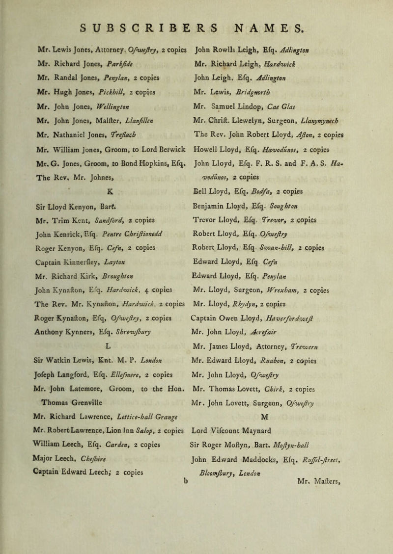 Mr. Lewis Jones, Attorney. 0/weJtry, 2 copies Mr. Richard Jones, Parkfidt Mr. Randal Jones, Penylatty 2 copies Mr. Hugh Jones, Pickbill, 2 copies Mr. John Jones, Wellington Mr. John Jones, Malfter, LlanfilUn Mr. Nathaniel Jones, 'freflath Mr. William Jones, Groom, to Lord Berwick Mr. G. Jones, Groom, to Bond Hopkins, Efq, The Rev, Mr. Johnes, K Sir Lloyd Kenyon, Bart. Mr. Trim Kent, Sandford, 2 copies John Kenrick.Efq. Pentre Chrijiionedd Roger Kenyon, Efq. Cefn, 2 copies Captain Kinneifley, Layton Mr. Richard Kirk, Broughton John Kynafton, Efq. Hardnuick, 4 copies The Rev. Mr. Kynafton, Hardn^ick, 2 copies Roger Kynafton, Efq, Of’wejlry, 2 copies Anthony Kynners, Efq. Shre’tvjbury L Sir Watkin Lewis, Knt. M. P. London Jofeph Langford. Efq. Elle/mercy 2 copies Mr. John Latemore, Groom, to the Hon. Thomas Grenville Mr. Richard Lawrence, Lettice-hall Grange Mr. Robert Lawrence, Lion Inn Salop, 2 copies William Leech, Efq. Carden, 2 copies Major Leech, Chejhire Captain Edward Leech; 2 copies John Rowlls Leigh, Efq. Adlington Mr. Richard Leigh, Hardwick John Leigh, Efq. Adlington Mr. Lewis, Bridgnorth Mr. Samuel Lindop, Coe Glas Mr. Chrift. Llewelyn, Surgeon, Llanymynech The Rev. John Robert Lloyd, AJlon, 2 copies Howell Lloyd, Efq. Havodunos, 2 copies John Lloyd, Efq. F. R. S. and F. A. S. Ha- njodunos, 2 copies Bell Lloyd, Efq. Bodfa, 2 copies Benjamin Lloyd, Efq- Soughton Trevor Lloyd, Efq. Trevor, 2 copies Robert Lloyd, Efq. O/weftry Robert Lloyd, Efq Swan-hill, 2 copies Edward Lloyd, Efq Cefn Edward Lloyd, Efq. Penylan Mr. Lloyd, Surgeon, Wrexham, 2 copies Mr. Lloyd, Rhydyn, 2 copies Captain Owen Lloyd, Haverfordwejl Mr. John Lloyd, Acrefair Mr. James Lloyd, Attorney, Trewern Mr. Edward Lloyd, Ruahon, 2 copies Mr. John Lloyd, Ofweftry Mr. Thomas Lovett, Chirk, 2 copies Mr. John Lovett, Surgeon, 0/wefry M Lord Vlfcount Maynard Sir Roger Moftyn, Bart. Mojiyn-hall John Edward Maddocks, Efq. RuJfd-Jlreet, Bloomfiury, London b Mr. Mailers,