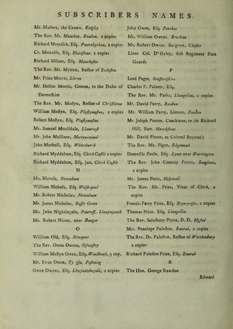 Mr. Mafters, the Crown, RidgUy The Rev. Mr. Maurice, Ruabon, 2 copies Richard Meredith, Efq. Pentrehychan, 2 copies Cr. Metcalfe, Efq. Maidjlone, 2 copies Richard Milnes, Efq. Manchejler The Rev. Mr. Mytton, Redlor of Eccleflon Mr. Price Morris, Lloren Mr. Hellen Morris, Groom, to the Duke of Devon/hirc The Rev. Mr. Mollyn, Reflor of ChiJiUton William Moflyn, Efq. Plajkynajicn^ 2 copies Robert Mollyn, Efq Plajkynafion Mr. Samuel Moulfdale, Llanr^ft Mr. John Mulliner, Morton^wjood John Murholl, Efq. Whitchurch Richard Myddelton, Efq. Chirk Cajlle 2 copies Richard Myddelton, Efq. jun. Chirk Cajih N Mr. Niccols, Newnham V/illiam Nichols, Efq. Weljh-pool Mr. Robert Nicholas, Ne^nham Mr. James Nicholas, RoJjUt Green Mr. John Nightingale, Pentreff, Llanymynech Mr. Robert Nixon, near Bangor O William Old, Efq. Newport The Rev. Owen Owens, 0/weJlry William Mollyn Owen, Efq, Woedhou/e, 3 cop. Mr. Evan Owen, 7y i£a^ Fejiiniog Owen Owens, Efq. Llwyndedwydd, 2 copies John Owen, Efq Penrhos Mr. William Owens, Brockton Mr. Robert Owens. Surgeon, Chejier Lieut Col. D’ Oyley, lirll Regiment Foot Guards P Lord Paget, St a for dpi re Charles F. Palmor, Efq. The Rev. Mr. Parks, Llangollen, 2 copies Mr. David Parry, Ruabon Mr. William Parry, Limner, Ruabon Mr. Jofeph Peaton, Coachman, to Sir Richard Hill, Bart. Hawkjione Mr. David Pierce, at Colonel Boycott’s The Rev. Mr, Pigot, Edgemond Domville Poole, Efq Lymn near Warrington The Rev, John Conway Potter, Soughton, 2 copies Mr. James Potts, Holywell The Rev. Mr. Price, Vicar of Chirk, 2 copies Francis Parry Price, Efq. Bryn-y-pys, 2 copies Thomas Price, Efq, Llangollen The Rev. Salufbury Pryce, D. D. Myfod Mrs. Penelope Pulellon, Emeral, 2 copies The Rev. Dr. Pulellon, Redlor of Worthenbury 2 copies Richard Pulellon Price, Efq. Emtral R The Hon, George Rawdon Edward