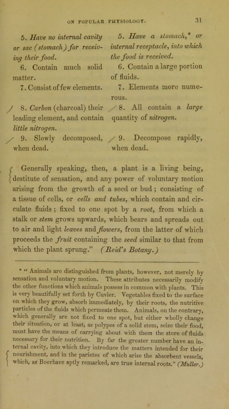 5. Have no internal cavity or sac (stomach) for receiv- ing their food. 6. Contain much solid matter. 7. Consist of few elements. J S. Carbon (charcoal) their leading element, and contain little nitrogen. - 9. Slowly decomposed, when dead. 5. Have a stomach,* or internal receptacle, into which the food is received. 6. Contain a large portion of fluids. 7. Elements more nume- rous. y 8. All contain a large quantity of nitrogen. 9. Decompose rapidly, when dead. ’ Generally speaking, then, a plant is a living being, destitute of sensation, and any power of voluntary motion arising from the growth of a seed or bud ; consisting of a tissue of cells, or cells and tubes, which contain and cir- culate fluids ; fixed to one spot by a root, from which a stalk or stem grows upwards, which bears and spreads out to air and light leaves and flowers, from the latter of which proceeds the fruit containing the seed similar to that from which the plant sprung.” (Reid's Botany.) * “ Animals are distinguished from plants, however, not merely by sensation and voluntary motion. These attributes necessarily modifv the other functions which animals possess in common with plants. This is very beautifully set forth by Cuvier. Vegetables fixed to the surface on which they grow, absorb immediately, by their roots, the nutritive particles of the fluids which permeate them. Animals, on the contrary, which generally are not fixed to one spot, but either wholly change their situation, or at least, as polypes of a solid stem, seize their food, must have the means of carrying about with them the store of fluids necessary for their nutrition. By far the greater number have an in- ternal cavity, into which they introduce the matters intended for their nourishment, and in the parietes of which arise the absorbent vessels, which, as Boerhave aptly remarked, are true internal roots.” (Muller.)