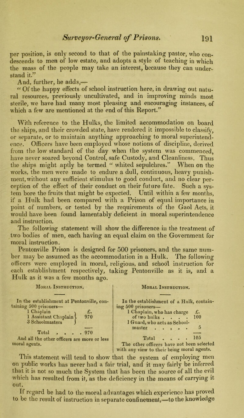 per position, is only second to that of the painstaking pastor, who con¬ descends to men of low estate, and adopts a style of teaching in which the mass of the people may take an interest, because they can under¬ stand it.” And, further, he adds,— “ Of the happy effects of school instruction here, in drawing out natu¬ ral resources, previously uncultivated, and in improving minds most sterile, we have had many most pleasing and encouraging instances, of which a few are mentioned at the end of this Report.” With reference to the Hulks, the limited accommodation on board the ships, and their crowded state, have rendered it impossible to classify, or separate, or to maintain anything approaching to moral superintend¬ ence, Officers have been employed whose notions of discipline, derived from the low standard of the day when the system was commenced, have never soared beyond Control, safe Custody, and Cleanliness. Thus the ships might aptly be termed “ whited sepulchres.” When on the works, the men were made to endure a dull, continuous, heavy punish¬ ment, without any sufficient stimulus to good conduct, and no clear per¬ ception of the effect of their conduct on their future fate. Such a sys¬ tem bore the fruits that might be expected. Until within a few months, if a Hulk had been compared with a Prison of equal importance in point of numbers, or tested by the requirements of the Gaol Acts, it would have been found lamentably deficient in moral superintendence and instruction. The following statement will show the difference in the treatment of two bodies of men, each having an equal claim on the Government for moral instruction. Pentonville Prison is designed for 500 prisoners, and the same num¬ ber may be assumed as the accommodation in a Hulk. The following officers were employed in moral, religious, and school instruction for each establishment respectively, taking Pentonville as it is, and a Hrdk as it was a few months ago. Morai-, Instruction, In the establishment at Pentonville, con¬ taining 500 prisoners— 1 Chaplain £. 1 Assistant Chaplain 1 3 Schoolmasters j 970 Total . . . 970 And all the other officers are more or less moral agents. Moral Instruction. In the establishment of a Hulk, contain¬ ing 500 prisoners— 1 Chaplain, who has charge £. of two hulks .... 100 1 Guard, who acts as School¬ master . 5 Total .... 105 The other officers have not been selected with any view to their being moral agents. Tliis statement will tend to show that the system of employing men on public works has never had a fair trial, and it may fairly be inferred that it is not so much the System that has been the source of all the evil which has resulted from it, as the deficiency in the means of carrying it out. If regard be had to the moral advantages which experience has proved to be the result of instruction in separate confinement,—to the knowledge