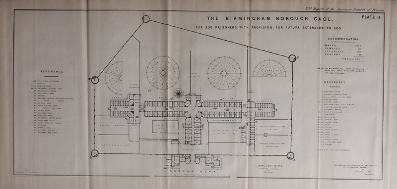 on^ THE BIRMINGHAM BOROUGH C O L . FOR 300 PRISONERS WITH PROVISION FOR FUTURE EXTENSICjIN TO 500. J.JEBB, LIEUT COIR.E SU flV« VOft GENERAL o r PRISONS. GOVERNORS HOUSE PLAN Z of tfie Swvoyor Oe/ieral of PLATE II ' CELLS FOB PRISONERS j STORES OFFICEBS ROOM . PRISONERS VISITING ROOM MAGISTRATES ROOM SOLICITORS ROOM PASSAGE RESIDENT MEDICAL OFFICERS BED’ ROOM DITTO PARLOR WAITING ROOM CHIEF WARDER ROOM DITTO BED ROOM STORE ROOM OFFICERS ROOM CHAPLAINS ROOM GOVERNORS CLERKS OFFICE GOVERNORS OFFICE CHIEF WARDERS OFFICE SURGERY CENTRAL HALL MATRONS PARLOR . MATRONS BED ROOM ACCOMMODATION MALES . 207 FEMALES 56 JUVENILES. 4-0 DEBTORS. 18 NOTE: THE BOUNOARV WALL ENCLOSES AN AREA WHICH WILL ADMIT OF FUTURE EXTENSION FOR SOO PRISONERS . REFERENCE DESIGNED ON THE PRINCIPLE OF CONSTRUCTION OF PEMTONVILLE PRISON BY D R. HILL. ARCH^ BIRUINCH A M