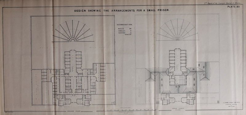 JkUK-. OTri< DtL' THE ARRANGEMENTS FOR A SMALL PRISON DESIGN SHEWING ACCOMOOMION MALE S FEMALES TOTAL 3 2 KlTCi WAflO» Be S’ ‘iilH iwlILI b u RuU*»hME*|T JJ-1 GROUND PLAN SCALE or FttT Stnnautdf /• C Z-UhtiJ-niitni ' t3 /• /.f UPPER FLOOR PLAN PLATE XII J.JEBB. LIEUT CO* R. E i SUftVCVOB CCNC.KAL J P l»*l S O N't' I