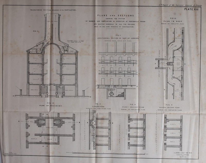 Ouura/, of Prisons PLATEXIII TRANSVERSE SECTIOnI uplanatorv ofthr VENTILATION SHEWING THE SYSTEM VENTILATION IN OPERATION AT PENTONVILLE PRISON FOUcnR SHAFT lEWINC THE VENTILATING FLU ES 0 ADOPTED GENERALLY IN ALL THE PRISONS SAME PRINGIPLE OF CONSTRUCTION LONGITUDINAL SECTION OF PART OF CORRIDOR SHEWING MAIN FR SECTION SHAWINC THL FIRE »0» *tNTII.*T10M ESH AIR FLUES N O PLAN D GALLERY PLAN FLUES SHEWING FLUES SHEWING THE VEHTILATINO FLUES COLO CO^LS SCALE J. J E B 0 . LIEUT CO ^ R.E SUAVE von OENEflAl