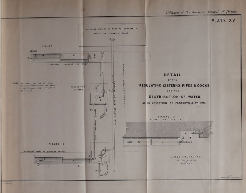 Rrpirt d the -hurewr (kn<Tn1 cf Pnaons. jurroscD cistebm »n roof to contain SUPPLY FOR S DAYS AT LEAST PLATE XV FIGURE I NOTE the StME Fit ' NC , A&OPTCO OF T«E TPOUCHS SSL FLi'E i« OF THE REGULATING CISTERNS, PIPES & COCKS. FOR THE DISTRIBUTION OF WATER. IN OPERATION AT PENTONVILLE PRISON. J.JEBB. LtEUT COV R-E, RVETOR CENtRAl PRISONS.