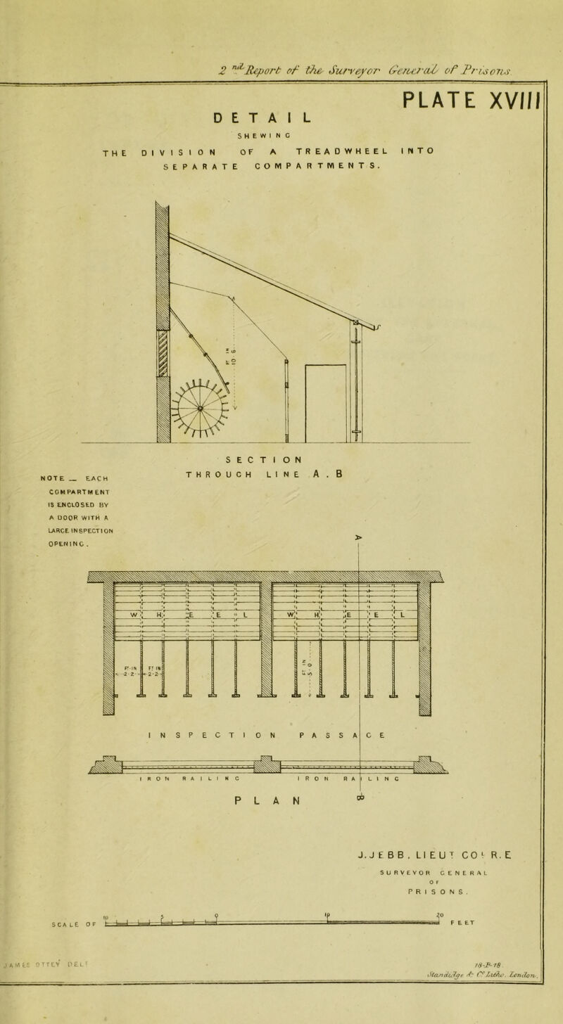 2 '^Report pf tTur Sun'e/or (^eru:?'cU/ o/^ Pr-i^pri.^ DETAIL PLATE XVIII SHEW! N C THE DIVISION OF A TREADWHEEL INTO SEPARATE COMPARTMENTS. COMPARTMENT IS ENCLOSED BY A DOOR WITH A LARGE INSPECTION OPENING . J. J E B B . LI E U T CO L R. E: SURVEYOR GENERAL O r PRISONS. scale or JAMtJ OTTEY 1>£l« 16-^18 • J^cntton-.