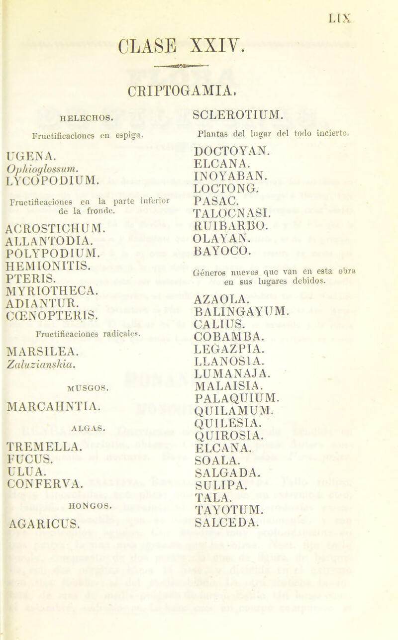 CLASE XXIY. CEIPTOGAMIA, heléchos. SCLEROTIUM. Fructificaciones en espiga. UGENA. Ophioglossum. LYCOPOJDIUM. Fructificaciones en la parte inferior de la fronde. ACROSTICHUM. ALLANTODIA. POLYPODIUM. HEMIONITIS. PTERIS. WYRIOTHECA. ADIANTUR. CCEN O PTERIS. Fructificaciones radicales. MARSILEA. Zaluzicinskia. musgos. MARCAHNTIA. ALGAS. TREMELLA. FUCUS. ULUA. CONFERVA. HONGOS. AGARICUS. Plantas del lugar del tocio incierto. DOCTOYAN. ELCANA. INOYABAN. LOCTONG. PASAC. TALOCNASI. RUIBARBO. OLAYAN. BAYOCO. Géneros nuevos ftue van en esta obra en sus lugares debidos. AZAOLA. BALINGAYUM. CALIUS. COBAMBA. LEGAZPIA. LLANOSIA. LUM ANAJA. MALAISIA. PALAQUIUM. QUILAMUM. QUILESIA. QUIROSIA. ELCANA. SOALA. SALGADA. SULIPA. TALA. TAYOTUM. SALCEDA.