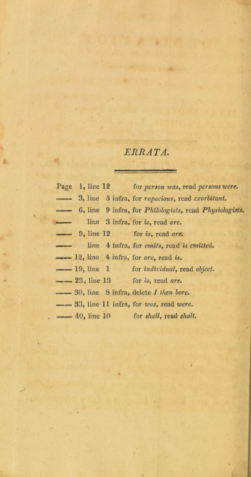 ERRATA, Page I, line 12 for person teas, read persons were. ——— 3, line 5 infra, for rapacious, read exorbitant, --— 6, line 9 infra, for Philologists, read Physiologists. —— line 3 infra, for is, read are. —— 9, line 12 for is, read are. —— line 4 infra, for emits, read is emitted. ■ 12, line 4 infra, for are, read is. — 19, line 1 for individual, read object. — 23, line 13 for is, read are. —— 30, line 8 infra, delete I then bore. 33, line 11 infra, for was, read were. ■ ■ 40, line 10 for shall, read shall. J>