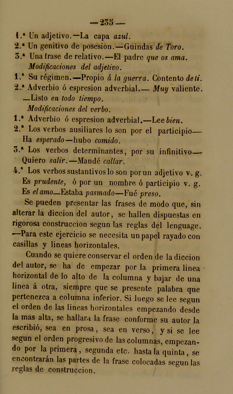 — 255 — 1. * Un adjetivo.—La capa azul. 2. * Un genitivo de posesión.—Guindas de Toro. 5.* Una frase de relativo.—El padre que os ama. Modificaciones del adjetivo. !•* Su régimen.—Propio á la guerra. Contento de ti. 2.* Adverbio ó espresion adverbial.— Muy valiente. —Listo en todo tiempo. Modificaciones del verbo. !•* Adverbio ó espresion adverbial.—Leebien. 2. Los verbos ausiliares lo son por el participio— Ha esperado—hubo comido. o.* Los verbos determinantes, por su infinitivo— Quiero salir.— Mandé callar. 4. Los verbos sustantivos lo son porun adjetivo v. g. Es prudente, ó por un nombre ó participio v. g. Es el amo—Estaba pasmado—Fué preso. Se pueden presentar las frases de modo que, sin alterar la dicción del autor, se hallen dispuestas en rigorosa construcción según las reglas del lenguage. ’ ^ara este ejercicio se necesita un papel rayado con casillas y lineas horizontales. Cuando se quiere conservar el orden de la dicción del autor, se ha de empezar por la primera linea horizontal de lo alto de la columna y bajar de una linea á otra, siempre que se presente palabra que pertenezca a columna inferior. Si luego se lee según el orden de las lineas horizontales empezando desde la mas alta, se hallara la frase conforme su autor la escribió, sea en prosa, sea en verso, y si se lee según el orden progresivo de las columnas, empezan- do por la primera, segunda etc. basta la quinta, se encontrarán las partes de la frase colocadas según las reglas de construcción.