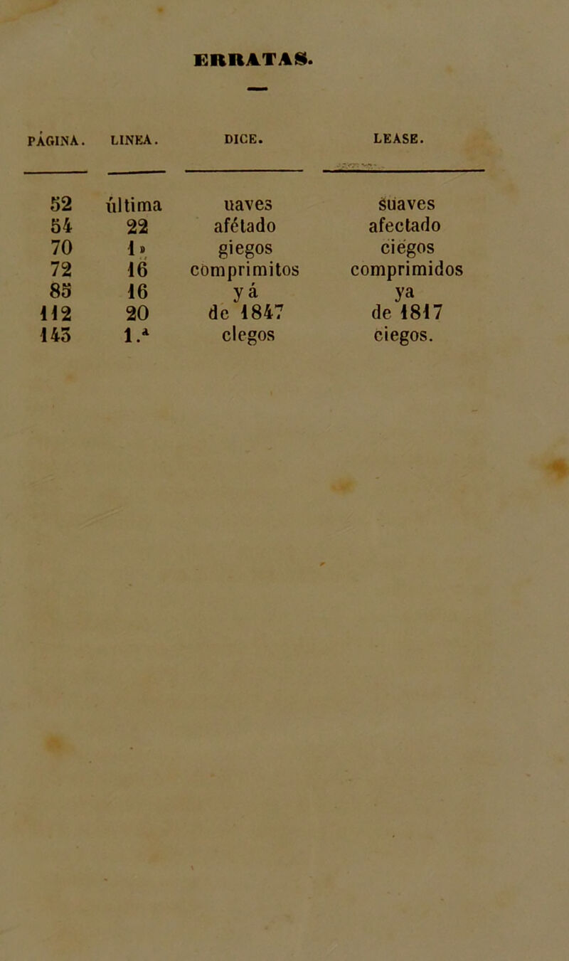 ERRATAS PÁGINA. LINEA. DICE. LEASE. 52 última uaves suaves 54 22 afétado afectado 70 1» giegos ciegos 72 16 comprimitos comprimidos 85 16 yá y» 112 20 de 1847 de 1817 145 1/ ciegos ciegos.