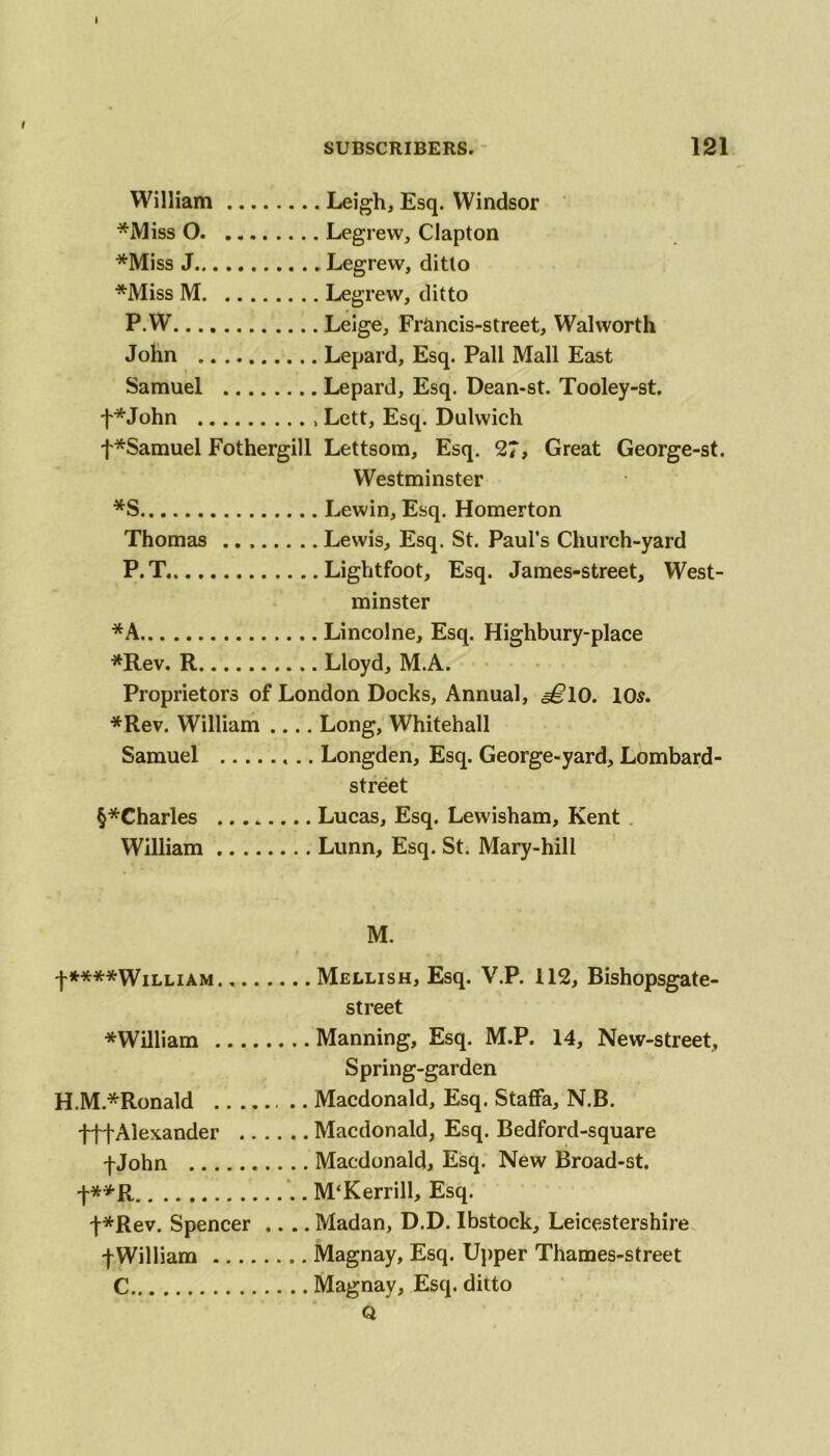 William Leigh, Esq. Windsor *Miss O Legrew, Clapton *Miss J Legrew, ditto *Miss M Legrew, ditto P.W Leige, Francis-street, Walworth John Lepard, Esq. Pall Mall East Samuel Lepard, Esq. Dean-st. Tooley-st. f*John Lett, Esq. Dulwich f*Samuel Fothergill Lettsom, Esq. 27, Great George-st. Westminster *S Lewin, Esq. Homerton Thomas Lewis, Esq. St. Paul’s Church-yard P. T Lightfoot, Esq. James-street, West- minster *A Lincolne, Esq. Highbury-place *Rev. R Lloyd, M.A. Proprietors of London Docks, Annual, §£\0. 10s. *Rev. William Long, Whitehall Samuel Longden, Esq. George-yard, Lombard- street §*Charles ........ Lucas, Esq. Lewisham, Kent William Lunn, Esq. St. Mary-hill M. -j-****WiLLiAM Mellish, Esq. V.P. 112, Bishopsgate- street *William Manning, Esq. M.P. 14, New-street, Spring-garden H.M.*Ronald .. Macdonald, Esq. Staffa, N.B. fftAlexander Macdonald, Esq. Bedford-square ■f John Macdonald, Esq. New Broad-st. f**R M'Kerrill, Esq. t*Rev. Spencer .... Madan, D.D. Ibstock, Leicestershire fWilliam Magnay, Esq. Upper Thames-street C Magnay, Esq. ditto Q