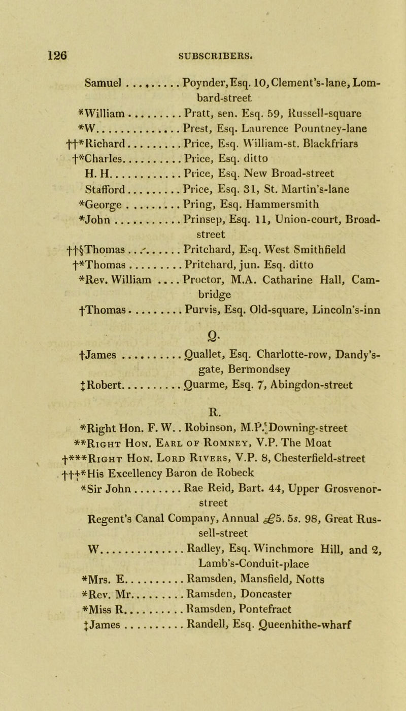 Samuel Poynder,Esq. 10, Clement’s-lane, Lom- bard-street ^William Pratt, sen. Esq. 59, Russell-square *W Prest, Esq. Laurence Pountney-lane ft*Richard Price, Esq. William-st. Blackfriars t*Charles Price, Esq. ditto H. H Price, Esq. New Broad-street Stafford Price, Esq. 31, St. Martin’s-lane *George Pring, Esq. Hammersmith *John Prinsep, Esq. 11, Union-court, Broad- street tf§Thomas .. ' Pritchard, Esq. West Smithfield f*Thomas Pritchard, jun. Esq. ditto *Rev. William .... Proctor, M.A. Catharine Hall, Cam- bridge fThomas Purvis, Esq. Old-square, Lincoln’s-inn Q- fJames Quallet, Esq. Charlotte-row, Dandy’s- gate, Bermondsey \ Robert Quarme, Esq. 7, Abingdon-street R. *Right Hon. F. W.. Robinson, M.P/Downing-street **Right Hon. Earl of Romney, V.P. The Moat -j-***RIGHT Hon. Lord Rivers, V.P. 8, Chesterfield-street tff*His Excellency Baron de Robeck *Sir John Rae Reid, Bart. 44, Upper Grosvenor- street Regent’s Canal Company, Annual ggb. 5s. 98, Great Rus- sell-street W Radley, Esq. Winchmore Hill, and 2, Lamb’s-Conduit-place *Mrs. E Ramsden, Mansfield, Notts *Rev. Mr Ramsden, Doncaster *Miss R Ramsden, Pontefract JJames Randell, Esq. jQueenhithe-wharf