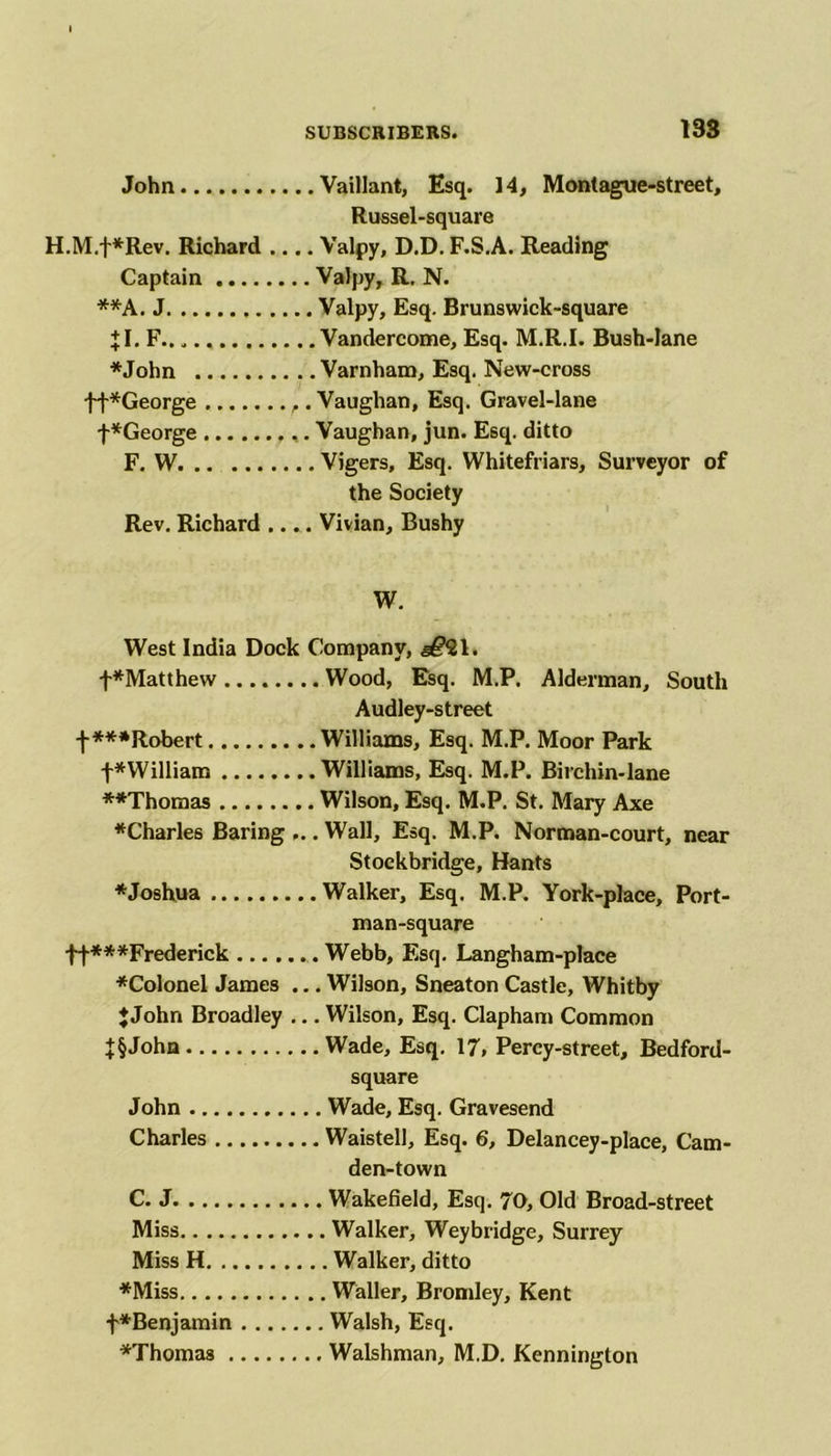 138 John Vaillant, Esq. 14, Montague-street, Russel-square H.M.f*Rev. Richard .... Valpy, D.D. F.S.A. Reading Captain Valpy, R. N. ♦♦A. J Valpy, Esq. Brunswick-square + 1. F Vandercome, Esq. M.R.I. Bush-lane ♦John Varnham, Esq. New-cross ff*George Vaughan, Esq. Gravel-lane f*George Vaughan, jun. Esq. ditto F. W Vigers, Esq. Whitefriars, Surveyor of the Society Rev. Richard .... Vivian, Bushy W. West India Dock Company, f*Matthew Wood, Esq. M.P. Alderman, South Audley-street f ♦♦♦Robert Williams, Esq. M.P. Moor Park f*William Williams, Esq. M.P. Birchin-lane ♦♦Thomas Wilson, Esq. M.P. St. Mary Axe ♦Charles Baring ,.. Wall, Esq. M.P. Norman-court, near Stockbridge, Hants ♦Joshua Walker, Esq. M.P. York-place, Port- man-square •^♦♦♦Frederick Webb, Esq. Langham-place ♦Colonel James ... Wilson, Sneaton Castle, Whitby ♦John Broadley ... Wilson, Esq. Clapham Common £§John Wade, Esq. 17, Percy-street, Bedford- square John Wade, Esq. Gravesend Charles Waistell, Esq. 6, Delancey-place, Cam- den-town C. J Wakefield, Esq. 70, Old Broad-street Miss Walker, Weybridge, Surrey Miss H Walker, ditto ♦Miss Waller, Bromley, Kent f*Benjamin Walsh, Esq. ♦Thomas Walshman, M.D. Kennington