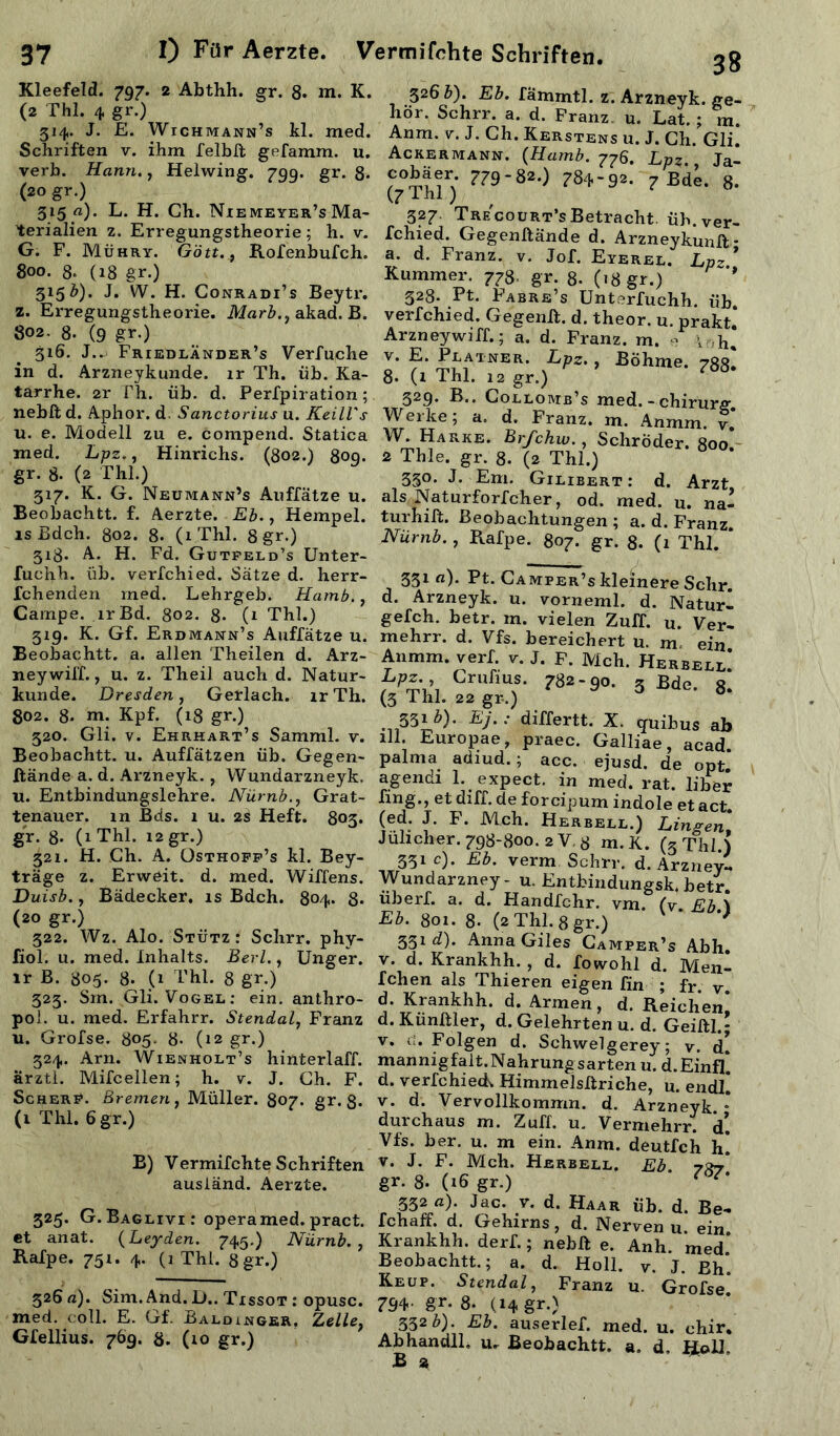 38 Kleefeld. 797. 2 Abthh. gr. 8* m. K. (2 Thl. 4 gr.) 314. J. E. Wichmann’s kl. med. Schriften v. ihm felblt gefamm. u. verb. Hann., Helwing. 799. gr. 8* (20 gr.) 315 a). L. H. Ch. Niemeyer’s Ma- terialien z. Erregungstheorie ; h. v. G. F. Mühry. Gott., Rofenbufch. 800. 8* (18 gr.) 315 &). J. W. H. Conradi’s Beytr. z. Erregungstheorie. Marb., akad. B. 802. 8- (9 gr.) 316. J.^ Friedländer’s Verfuche in d. Arzneykunde. lr Th. üb. Ka- tarrhe. 2r Fh. üb. d. Perfpiration; nebftd. Aphor. d. Sanctorius u. Keill's u. e. Modell zu e. compend. Statica med. Lpz., Hinrichs. (802.) 8oq. gr. 8. (2 Thl.) 317. K. G. Neumann’s Auffätze u. Beobachtt. f. Aerzte. Eb., Hempel. lsBdch. 802. 8. (1 Thl. 8 gr.) 318. A. H. Fd. Gutpeld’s Unter- fuchh. üb. verfchied. Satze d. herr- fchenden med. Lehrgeb. Hamb., Campe. irBd. 802. 8- (1 Thl.) 319. K. Gf. Erdmaun’s Auffätze u. Beobachtt. a. allen Theilen d. Arz- neywiff., u. z. Theil auch d. Natur- kunde. Dresden, Gerlach. lr Th. 802. 8* m. Kpf. (18 gr.) 320. Gli. v. Ehrhart’s Samml. v. Beobachtt. u. Auffätzen üb. Gegen- Itände a. d. Arzneyk. , Wundarzneyk. u. Entbindungslehre. Nürnb., Grat- tenauer. in Bds. 1 u. 2g Heft. 803. gr. 8- (1 Thl. 12 gr.) 321. H. Ch. A. Üsthoff’s kl. Bey- träge z. Erweit. d. med. Wiffens. Duisb., Bädecker. is Bdch. 804. 8. (20 gr.) 322. Wz. Alo. Stütz: Schrr. phy- fiol. u. med. Inhalts. Berl., Unger. ir B. 805- 8. (1 Thl. 8 gr.) 323. Sm. Gli. Vogel: ein. anthro- pol. u. med. Erfahrr. Stendal, Franz u. Grofse. 805. 8. (12 gr.) 324. Arn. Wienholt’s hinterlaff. ärzti. Mifcellen; h. v. J. Ch. F. Scherf. Bremen, Müller. 807. gr. 8. (1 Thl. 6 gr.) B) Vermifchte Schriften ausländ. Aerzte. 325. G. Baglivi : operamed. pract. et anat. (Leyden. 745.) Nürnb., Rafpe. 751. 4. (1 Thl. 8 gr.) 326 ß). Sim. And. D.. Tissot : opusc. med. coli. E. Gf. Baldinger, Zeile, Gfellius. 769. 8. (10 gr.) 326 b). Eb. fammtl. z. Arzneyk. ge- hör. Schrr. a. d. Franz u. Lat.; m. Anm. v. J. Ch. Kerstens u. J. Ch. Gli. Ackermann. (Hamb. 776. Ln* Ta cobäer 779-k) . /jfo. g. (7 Thl) 327. Trecourt’s Betracht, üb. ver- fchied. Gegenftände d. Arzneykunft- a. d. Franz, v. Jof. Eyerel. Lpz * Kummer. 778. gr. 8. (18 gr.) ’* 328. Pt. Fabre’s Unterfuchh. iib. verfchied. Gegenil. d. theor. u. prakt! Arzneywiff.; a. d. Franz, m. - . h! I' ?' £LA'INER- LPZ- > Böhme. 78s! 8. (1 Thl. 12 gr.) 329. B.. Collomb’s med.-chirurg Werke; a. d. Franz, m. Anmm. v* W. Harke. Brfchw., Schröder. 800* 2 Thle. gr. 8. (2 Thl.) 330. J. Em. Gilibert : d. Arzt als Naturforfcher, od. med. u. na- turhift. Beobachtungen ; a. d. Franz. Nürnb., Rafpe. 807. gr. 8. (1 Thl. * 331 ß). Pt. Camper’s kleinere Sehr, d. Arzneyk. u. vorneml. d. Naturl gefch. betr. m. vielen Zuff. u. Ver- mehrr. d. Vfs. bereichert u. m ein Anmm. verf v. J. p. Mch. Herbell! Lpz Crufius. 782-90. 3 Bde. 8. (3 Thl. 22 gr.) . 331Ä). Ej.: differtt. X. (juibus ab ill. Europae, praec. Galliae, acad. palma adiud.; acc. ejusd. de opt. agendi 1. expect. in med. rat. über fing., et diff. de forcipum indole et act. (ed. J. F. Mch. Herbell.) Lingen\ Julicher. 798-800. 2 V. 8 m.K. (3 Thl.) 331c). Eb. verm Schrr. d. Arzney- Wundarzney- u. Entbindungsk. betr. überf. a. d. Handfchr. vm. (v Eh \ Eb. 801. 8. (2 Thl. 8 gr.) * } 331 d). Anna Giles Camper’s Abh. v. d. Krankhh. , d. fowohl d. Men- fchen als Thieren eigen fin ; fr v d. Krankhh. d. Armen, d. Reichen! d. Künltler, d. Gelehrten u. d. Geiftl.- v. U. Folgen d. Schwelgerey; v. d! mannigfalt.Nahrungsarten u. d.Einfl* d. verfchied, Himmelshriche, u. endl! v. d. Vervollkommn, d. Arzneyk. ♦ durchaus m. Zuff. u. Vermehrr. d. Vfs. ber. u. m ein. Anm. deutle h h! v. J. F. Mch. Herbell. Eb 727* gr. 8. (16 gr.) * 7Ö7‘ 332 a). Jac. v. d. Haar üb. d. Be- fchaff. d. Gehirns, d. Nerven u. ein Krankhh. derf.; nebft e. Anh. med* Beobachtt.; a. d. Holl. v. J. Bh. Keup. Stendal, Franz u. Grofse* 794- gr. 8. (14 gr.) 332 b). Eb. auserlef. med. u. chir. Abhandll, u. Beobachtt. a. d, Holl. £ »
