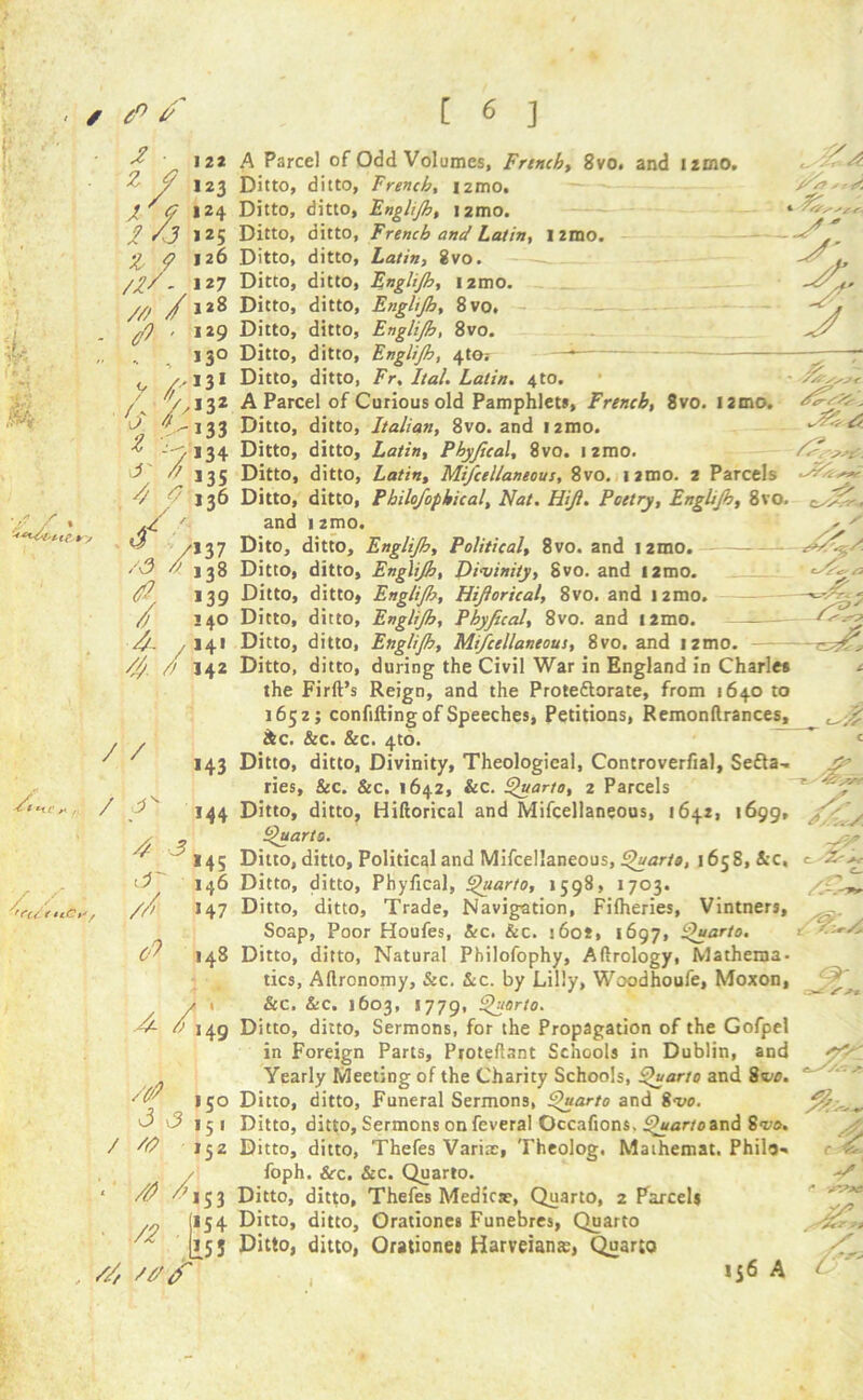 4' 4 [ 6 J 2 9 ■i. i/j & 9 /Z/'/ 0 ' ,Wf y /; <f /: r // 4 0- / HCt; s ' /3 / $ 4- / # / 22 23 24 25 26 27 28 29 3° 3* 32 33 34 35 36 A Parcel of Odd Volumes, French, 8vo. and izmo. Ditto, ditto, French, izmo. — — /S?srS. Ditto, ditto, Englijh, izmo. » Ditto, ditto, French and Latin, izmo. 7 37 38 39 40 4» 42 Ditto, ditto, Latin, 8vo Ditto, ditto, Englijh, i2mo. Ditto, ditto, Englijh, 8vo, Ditto, ditto, Englijh, 8vo. Ditto, ditto, Englijh, 4103 —* ——g Ditto, ditto, Fr, Ital. Latin, 4to. • A Parcel of Curious old Pamphlets, French, 8vo. i2mo. Ditto, ditto, Italian, 8vo. and i2mo. Ditto, ditto, Latin, Phyjical, 8vo. umo. Ditto, ditto, Latin, Mijcellaneous, 8vo. umo. 2 Parcels Sr. Ditto, ditto, Philofophical, Nat. Hiji. Poetry, Englijh, 8vo. and 1 2mo. Dito, ditto, Englijh, Political, 8vo. and i2mo. Ditto, ditto, Englijh, Divinity, 8vo. and i2mo. Ditto, ditto, Englijh, Hijlorical, 8vo. and umo. Ditto, ditto, Englijh, Phyjical, 8vo. and i2mo. — Ditto, ditto, Englijh, Mi/cellaneous, 8vo. and umo. Ditto, ditto, during the Civil War in England in Charles 4rX/. the Firft’s Reign, and the Prote&orate, from 1640 to 1652; confifting of Speeches, Petitions, Remonftrances, / / St. / 7 4 3 *43 144 ' 'Cult ,iC,' , ^ 145 3 146 //> >47 (4 148 4 ^i4g ^ 150 4 3 151 / 152 - 4> /, ,/2 s/t f 53 >54 153 4c. &c. &c. 4to. Ditto, ditto, Divinity, Theological, Controverfial, Sefta- ries, &c. &c. 1642, &c. Quarto, 2 Parcels Ditto, ditto, Hiftorical and Mifcellaneous, 1642, 1699, . x Quarto. Ditto, ditto. Political and Mifcellaneous, Quarto, 1658,4c, t^ Ditto, ditto, Phyfical, Quarto, 1598, 1703. Ditto, ditto. Trade, Navigation, Fifheries, Vintners, Soap, Poor Houfes, &c. &c. 160*, 1697, Quarto. > S^A Ditto, ditto, Natural Philofophy, Aftrology, Mathema- tics, Aftronomy, See. 4c. by Lilly, Woodhoufe, Moxon, &c. &c. 1603, s779, Quarto. Ditto, ditto, Sermons, for the Propagation of the Gofpel in Foreign Parts, Protefiant Schools in Dublin, and Yearly Meeting of the Charity Schools, Quarto and 8<cc. Ditto, ditto, Funeral Sermons, Quarto and 8vo. Ditto, ditto. Sermons on feveral Occafions. Quarto and 8vo. Ditto, ditto, Thefes Variae, 'I’heolog. Maihemat. Philo- foph. &c. &c. Quarto. Ditto, ditto, Thefes Medicsc, Quarto, 2 Parcels Ditto, ditto, Orationes Funebres, Quarto Ditto, ditto, Orationes Harveiana?, Quarto Gr o-X S s* Ss7 sr e't v S' 156 A