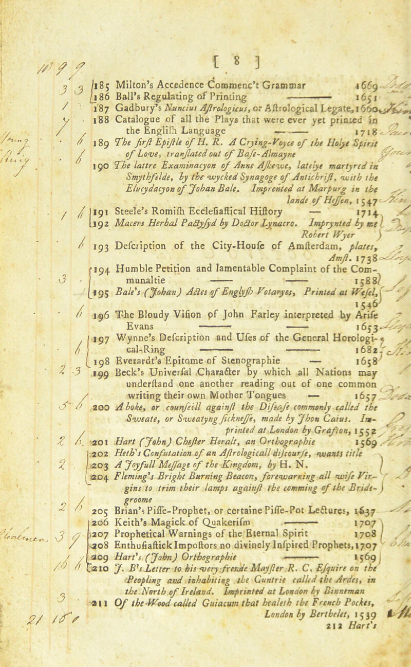 /*’ // 3 33 I*8* , L»86 / 187 V 188 t 8 ] '/! 3' t / l Milton’s Accedence Commenc’t Grammar Ball’s Regulating of Printing 1669 ■‘2&/ 1651 • 3/ 189 • / 190 Gadbury’s Nunciui Aftrologicus, or Aftrological Legate, 1660*3/^^ Catalogue of all the Plays that were ever yet printed in * the Englilh Language — 1718-- The fir ft Epiftle of H. R. A Crying-Voyce of the Holye Spirit of Love, tranjlatedout of Bafe- Almayne The lattre Examinacyon of Anne Afhewe, latelye martyred in Smythfelde, by the wycked Synagoge of Antichrift, with the Elucydacyon of Johan Bale. Imprented at Marpurg in the lande of Heffen, 154.7^^**- Steele’s Romilh Ecclefiaftical Hiftory — *714 Macers Herbal Paftyfyd by Dottor Eynacro. lmprynted by me / ‘ Robert IVyer ) Defcription of the City-Houfe of Amfterdam, plates, Amft. 17380^^*; Humble Petition and lamentable Complaint of the Com-, munaltie 1588? -5* Bale's (Johan) Acies of Englyfo Votaryes, Printed at Wtftlf 1546^ The Bloudy Vifion pf John Farley interpreted by Arife Evans 1653^- 200 Z / 201 2 202 203 (<204 Wynne’s Defcription and Ufes of the General Horologi-« caLRing . — Everardt’s Epitome of Stenographic — 1658- Beck’s Univcrfal Chara&er by which all Nations may underhand one another reading out of one common writing their own Mother Tongues — 1657 A bake, or counfeill a gar nft the Difeafe commonly called the Svjeate, or Sweatyngftcknefte, made by Jhon Casus. In- ? printed at London by Grafton, 1552 Hart (John) Chefter Her alt, an Orthographie 15 69 T Heth's Confutation of an Aftrologicall difeourfe, wants title A Joy full Meffage of the Kingdom, by H. N. I 2 /, ■7 / /A drudr.,te f SJ ■ J / 205 206 ,207 •208 '209 Fleming's Bright Burning Beacon, forewarning all wife Vir- gins to trim their lamps againft the ccmming of the Bride- ) groome Brian’s Pifle-Prophet, or certaine Pifle-Pot Leflures, 1637 Keith’s Magick of Quakerifm 1707 . Prophetical Warnings of the Eternal Spirit 1708 / Enthufiafticklmpoftors no divinely lnfpired Prophets, 1707 Hart's, (John) Orthographic • - 1 569 210 3 . ^ an 2/ /S'' J. B's Letter to his <very frerdde Mayfler R. C, Efquire on the Peopling and inhabiting the Guntrie called the Ardes, in the North of Ireland. Imprinted at London by Binntman Of the-Wood called Guiacum that healeth the French Pocket, London by Bertbclct, 1539 21 2 Hart's t/i<