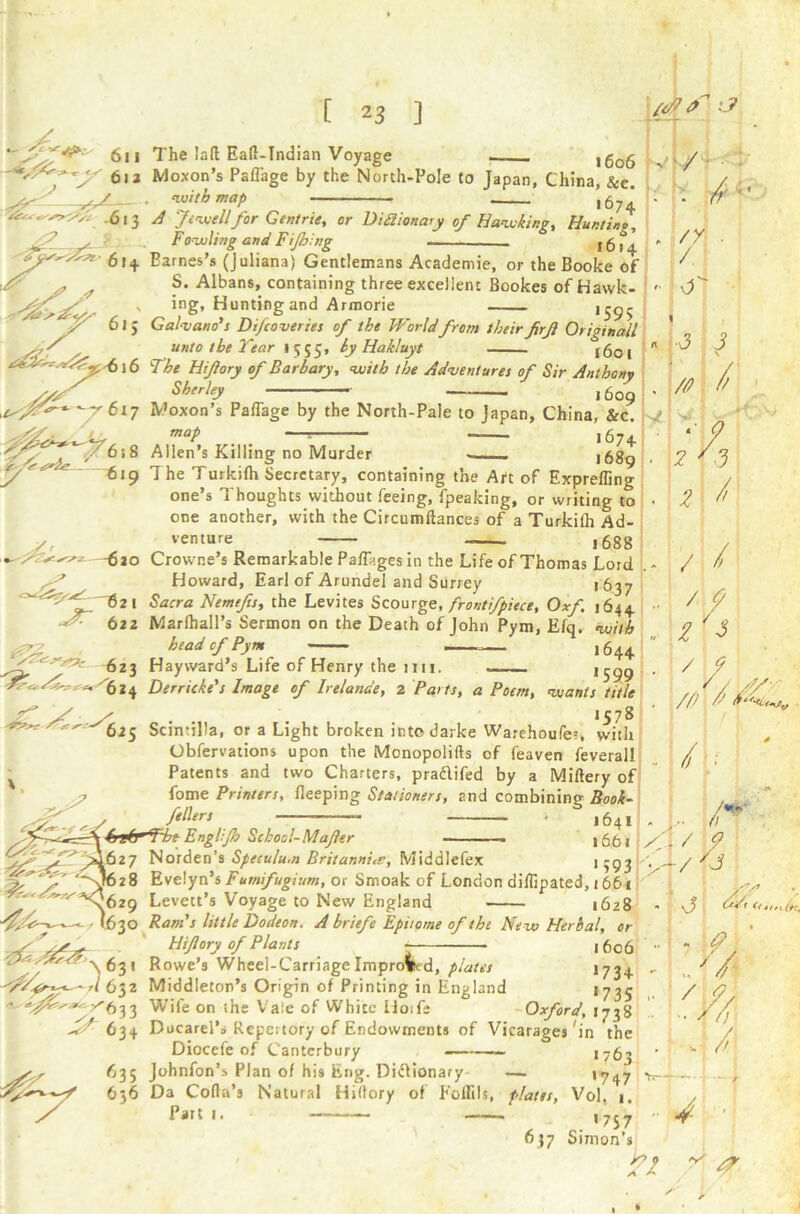 [ 2 3 ] 611 The lad Eall-Tndian Voyage . . 1606 6i3 Moxon’s Pafl'age by the North-Pole to Japan, China, &c. K1/1' ^3- with map < 1674, .613 Jewell far Gentrie, or Didionaiy of Hawking, Hunt in 0, f? „ _ . Fowling and Fijhing - l6i°4 * gd-TAZA 614 Earnes’s (Juliana) Gentlemans Academie, or the Booke of 4 *< • ;; /y /. S. Albans, containing three excellent Bookes of Hawk- s ing. Hunting and Armorie 1595 61 5 Galvano’s Difcoveries of the Worldfrom theirfirf Originall w' unto the Tear 1555, by Hakluyt j60, j 6 fhe Hifory of Barbary, with the Adventures of Sir Anthony yyW Sherh 1609 —y 617 Moxon’s Paffage by the North-Pale to Japan, China, Sec. , , ~ map . _ r 1674 ‘ 9 A 0,0 Vilen’s Killing no Murder . 1689 ' . 2'2 ■3 3 : /■ Nf Srf 6 > 8 Allen’s Killing no Murder 1689 619 T he Turkilh Secretary, containing the Art of Expreffing one’s Thoughts without feeing, fpeaking, or writing to one another, with the Circumftances of a Turkilh Ad- venture ,688 -6ao Crowne’s Remarkable PafTages in the Life of Thomas Lord Howard, Earl of Arundel and Surrey 1637 1 Sacra Nemefis, the Levites Scourge, frontfpiece, Oxf. 1644 622 Marfhall’s Sermon on the Death of John Pym, Efq. with v head cf Pym — 1644 62j Hayward’s Life of Henry the iiii. *599 624 £)errule's Image of Irelande, 2 Parts, a Poem, wan/r title 2 3 /, / 1578 625 Scintilla, or a Light broken intodarke Warehoufe;, with Obfervations upon the Monopolifts of feaven feverall Patents and two Charters, pra&ifed by a Miftery of fome Printers, Beeping Stationers, and combining Book- fellers . 1641 (jg(s **F~be Englijh School-Mafer 1661 27 Norden’s Speculum Britannia, Middlefex *593 2^‘3' '*^628 Evelyn’s Fumfugium, or Smoak of London diflipated, 1661 '^'^629 Levett’s Voyage to New England ,628 «- ■ <630 Ram's little Dodeon. A briefe Epitome of the New Herbal, or f Hifory of Plants - 1606 , ^ 63, Rowe’s Wheel-Carriage Improved, plates *734 A 632 Middleton’s Origin of Printing in England *735 Oxford, 1738 / rki Z * / / // \// /ft ft I f L /if ■ . „_,2 Middleton’s Origin of Printing in England ^^'^x'633 Wife on the Vale of White Hoife , .ia Jr/ 634 Ducarel’s Repeitory of Endowments of Vicarages in the Diocefe of Canterbury ——- 635 Johnfon’s Plan of his Eng. Dictionary — •> Ha afnrol WWJnru t\k Pi*(Tile /%»■ ft / / /' \5 * / 4 *763 '747 - / J J -J O 2 636 Da Coda’s Natural Hiflory of Foffils, plates, Vol. 1 Part 1 ,7*7 037 Simon’s 4 ft ’1 rr