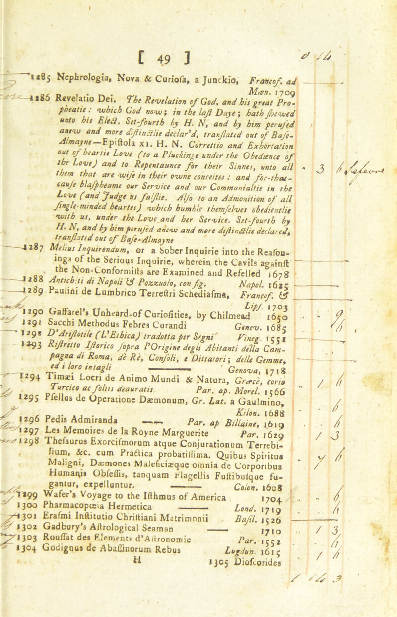 C 49 3 U85 Nepbrologia, Nova Sc Curiofa, a Junckio, Franco/, ad ^ _ Man. 1700 -i 186 Revelatto Dei. The Revelation of God. and his great Pro- pheatie: which God now; in the laji Daye; hath foe wed unto htt Elea. Set-fourth by H. N, and by him perufed anew and more dfii„aiie declar'd, trarfiated out of Bafe- Almayne Epiftola xi.H. N. Correttio and Exhortation out of beanie Love (to a Pluclinge under the Obedience of the Love) and to Repeutaunce for their Sinnei, unto all them that are wife in their owne concedes : and for-that- taufe blafpheatne our Service and our Cornrnunialtie in the Lo ve (and Judge us faifoe. Alfa to an Admonition of all Jtngle mmded heartes) which humble themfelves obedientlit ™“b us, under the Love and her Service. Set-fourth by H. N, and by him perufed anew and more dflinfilie declared, tranjlatid out of Bafe^Almayne 4287 Mel,us Inquirendum, or a Sober Inquirie into the Reafon- ings of the Serious Inquirie, wherein the Cavils againft ~ 00 ;Von‘G0nformills are Examined and Refelled 16-*8 1288 Antich.ti di Napoli & Pozzuo/o, ton fig. NaPol. l6tz - - 1^89 rCuiim de Lumbrico Terreftri Schediafma, Franco/. ■ 1290 GafFarel’g Unheard-of Curiofnies, by Chilmead^ id to : J29* Sacch, Methodus Febres Curandi Genev. i68e ’ I 29 e D 'Arifiotile (L'Etbica) iradotta per Sfgni Finer 1 c - j 1*93 R,fire,to Ifiorico Jopra I'Ongme degl, Abitanti della Cam- pagna dt Roma, de Re, Confoli, e Dittatori; detle Getnrne, ‘d' lofo tntagli _ Genova, 1718 • 294 Tima;i Locn de Ammo Mundi Sc Natura, Greece, corn, ^ f f eico ac folds deaurat,s Par. ap. Morel. \ 566 >29S * fellas de Operauone Diemonum, Gr. Lat. a Gaulmino, p j- .1 • , Kilon. 1688 1296 Pedia Adm.randa Par. up Btllaine, 16,9 1297 Les Memoires de la Royne Marguerite Par 1629 ■^1298 Thefaurus Exorcifmorum atque Conjurationum Terrebi- fium, Sec. cum Pradlica probatillima. Quibus Spiritus Maligni, Darmones Malehciaeque omnia de Corporibus Humaqii Obfeflis, tanquam Elagellis Fultibuique fu- gantur, expelluntur. Colon. 1608 1 *99 Wafer s Voyage to the Ifthmus of America 1704. 1300 Pharmacopoeia Hermetica ... - „■ Lond. 7S301 Erafmi Inftitutio Chriltiani Matrimonii Bafil. J — 3 i S, & 1302 Gadbury’s Atfrological Seaman ^7^13°3 R°uEst des Elements d’Adronomie v *3°4 Godignus dc Abaffinorum Rebus r ti Par. Lugdun. 1305 DioRorides 1 / *4 J?