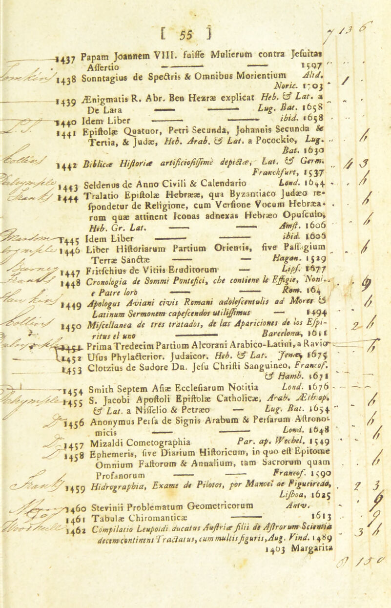 p ...7 Papam Joannem VIII. foiffe Mulierutn contra Jefuitai Affertio H97 / • /merit u # -ydr-r^x,^ Sonntagius de Spedris & Omnibus Morientium Altd. 1-3 NorU. 1703 * ,.,0 jEnigmatis R. Abr. Ben Hears explicat Heb. & Lat. a _ De Lara * Lug. Bat. 1658 -1440 Idem Liber * p ibid. 1658 ^ Epiftols Quatuor, Petri Secunda, Johannis Secunda (c Tenia, & luds, Heb. Arab. {5 Lat. a PococUio, Lug. . Bat. 1630 '/-SZdb*.-/ Bibluet Hidoria artificiofij/me deptdlrt, Lat. iff Germ. yA F r aKikfurt, 1537 Seldenusde Anno Civili & Calendario Loud. 1644 . <£/ 144a Tralatio Epiftols Hebrsa, qua Byzantiaco Judso re- fpondecur de Religione, cum Verfione Vocum Hebraa* . rum qua attinent Iconas adnexas Hebfso Opufculo, ^ Heb. Gr. Lat. Atnji. \bo6 d/-'.* -45 Idem Liber Ibid. 160b 144b Liber Hiftoriarum Partium Orienrin, five Pafl'.gium __ ? yd Terra Sands — Hagan. 1529 \\1 Fritfchius de Vitiis Eruditorum — Lip/. 1677 ***-1448 Cronologia de Sommi Pontefici, cht conlitne It Ejfigie, Noni.. / // t Pat re loro ——— Rant. 164 ^^1449 Apologue Aviani eivit Romani adole/centulis ad Mores £5 Latinum Sermonem capefcendos utilifflmus —— ^ > 494 j MiJ'ctllaaea de tret tr at ados, de las Apariciones de los Efpi- % . ^ ^ runs el Barcelona, it It 2- rj U4?2 PrimaTredecim Partium Alcorani Arabico-Latini, a Ravicr^; .1.452 Ufus Phylafterior. Judaicor. Heb. iff Lat. Jenrtif 167^ /, 3 / / / / • Ip \ /> 2*/? i.m Clotzius de Sudore Dn. Jefu Chrifti Sanguineo, Franco/ tff Hamb. v6jl —1454 Smith Septem Afis Ecclefiarum Notitia Lond.itjb - - S-f-ic c s. Jacobi Apoftoli Epiftols Catholics, Arab. jEthop. iff Lat. a Niflelio & Petrso — Lug. Bat. 1654 “ ^*1456 Anonymus Peifa de Signis Arabum & Perfarum Aftronoi. micis * Lend. 1648 _ P457 Mizaldi Cometographia Par. ap. Wecbel. «S49 1458 Ephemeris, five Diarium Hiftoricum, in quo eft Epitome Omnium Fattorum & Annalium, tarn Sacronim quain Profanorum Franco/. J590 lieo Hidrerraibta, Exame de Pilotoi, por Mamet ae Ftgueiredo, Li/boa, 1625 ->^1460 Stevinii Problematum Geometricorum Autos. 1461 Tabula Chiromantica _____ 1613 y Compilatio Leupoidi ducatus Auftria filu de AJlrorum Scsentia decern continent 7 racial us, cum rnultis/guris, Aug. Find. 1489 1403 Margarita / .w /, 2 3, ■ / z 3 /> /S*