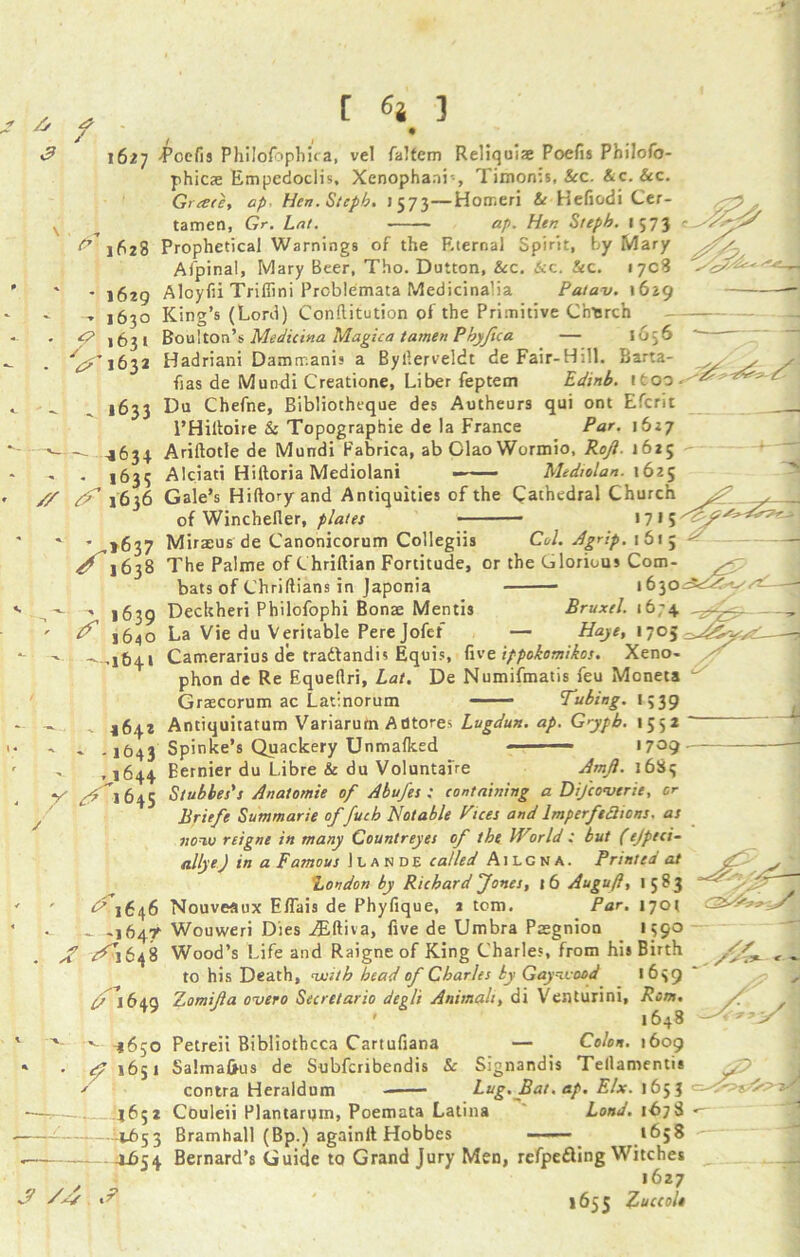 * / & 16^7 [ 1 Toefis Philofophira, vel faltem Reliquiae Poefis Philofo- phicae Empedoclis. Xenophani-, Timonis, &c. &c. &c. Grace, op Hcn.Steph. 1573—Homeri Sc Hefiodi Cer- tamen, Gr. Lot. ap. Hen Sreph. 1573 ^1628 Prophetical Warnings of the Eternal Spirit, by Mary Afpinal, Mary Beer, Tho. Dutton, See. See. See. 1708 Aloyfii Trifiini Problemata Medicinalia Patau. 1629 King’s (Lord) Conflitution of the Primitive Church Boulton’s Medicina Magica tamen Phyfua — 1656 Hadriani Dammanis a Byllerveldt de Fair-Hill. Barta- fias de Mundi Creatione, Liber feptem Edinb. ifcoo * 1629 * 1630 ^ >631 V1632 »633 4634 ' ' ,63S // d? 1636 >1637 4? ] 638 Du Chefne, Bibliotheque des Autheurs qui ont Efcrii l’Hiltoire & Topographie de la France Par. i5j7 Arillotle de Mundi Fabrica, ab Clao Wormio, Rojl. 1625 Alciati Hiftoria Mediolani - —• Mediolan. 1625 Gale’s Hiftoryand Antiquities of the Cathedral Church of Winchefler, plates 17 >S Mirsus de Canonicorum Collegiis Col. Agrip. ib\ 5 - z, 1639 C 164O -ib+t - 4642 ' ' -1643 ' ,1644 X ^ l645 The Palme of Chriftian Fortitude, or the Glorious Com bats of Chriftians in Japonia 1630 Deckheri Philofophi Bonae Mentis Bruxel. 1674 La Vie du Veritable Perejofef — Haye, 1705 Camerarius de tradfandis Equis, ftve ippokomiios. Xeno- phon de Re Equellri, Lat. De Numifmatis feu Moneta Graecorum ac Latinorum Tubing. 1339 Antiquitatum Variarutn Adtores Lugdun. ap. Gypb. 1552 Spinke’s Quackery Unmafked ■ ■ — 17°9 Eernier du Libre & du Voluntaire Amft. 1681; L' 1646 —164? . j? ^1648 (S 1649 ' *650 f »6S« 1652 -l6S3 4A54 J /4 f Stubbes's Anatomic of Abufes ; containing a Difcoverie, or Briefc Sum marie offucb Notable Pices and lmperfedtons. as vow reigne in many Countreyes of the lViirld : but (ejpeci- allye) in a Famous Iiande called Ailcna. Printed at London by Richard Jones, 16 Auguft, 1583 Nouveflux Eflais de Phyfique, 2 tom. Par. 1701 Wouweri Dies iEftiva, five de Umbra Pasgnion 1590 Wood’s Life and Raigne of King Charles, from his Birth to his Death, with head of Charles by Gaywood 1649 Zomifta ouero Secretario degli Animah> di Venturing Rom. 1648 Petreii Bibliotheca Cartufiana — Colon. 1609 Salmafrus de Subfcribendis & Signandis Tellamentis contra Heraldum Lug. Bat.ap.Elx.lb^l Couleii Plantaruin, Poemata Latina Land. 167S Bramhall (Bp.) againlt Hobbes ——— 165S Bernard’s Guide to Grand Jury Men, refpefting Witches 1627 1655 Zuccole