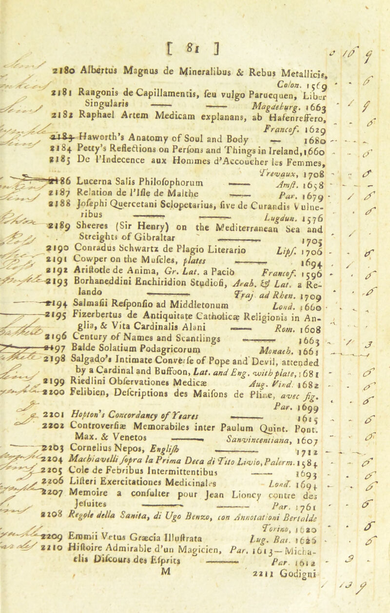 ■c ys',‘ s -t / S' Y«r 2180 Albertus Magnus de Mineralibus & Rebus Metallic!*, . Colon, 15(9 2181 Raagoms de Capillamentis, feu vulgo Parucquen, Liber /P j - /f Lg£ ✓ Singulars Magdeburg, ,66a 218z Raphael Artem Medicam explanans, ab Hafenreffero, r ,, Franco/. 1620 Haworth's Anatomy of Soul and Body — 1680 2184 Petty s Refleftions on Perioni and Things in Ireland, 1660 2185 De 1’Indecence aux Hommes d’Accoucher Its Femmes, __ ________ ‘Irenjaux, 1708 , 8 6 Lucerna Salis Philofophorum —. . ,a-o Relation de 1'ifle de Maithe Z\ ,679 ■ 2J88 Jofephi Quercetani Sclopetarius, five de Curandis V ulne- r^us ——~ Lugdun. 1576 7 / - <f - . C> 7 if / >=t V 2189 Sheeres (Sir Henry) on the Mediterranean Sea and Streights of Gibraltar ' tj0. 2190 Conradus Schwartz de Plagio Literario Lit/. 1706 2191 Cowper on the Mufcles, plates _ 2191 Arittotlede Anima, Gr. Lat. a Pacib Franco/. irg6 *193 Borhaneddini Enchiridion Studiofi, ^*4. a Re- lando —_____ Traj ad Rhtn. 1709 r,94 Saimafii Refponfio ad Middletonum Loud, j660 i # ; i*vr<u. fouo -2195 rizerbertus de Antiquitate Cathoiieae Religion is in An- glia, Sc Vita Cardinalis Alani ——  Rom. 1608 2196 Century of Names and Scantlings - 1663 +97 Balde Solatium Podagricorum Monacb. 166 T *^^^2,58 Salgado’i Intimate Converfe of Pope and'Devil, attended by a Cardinal and Buffoon, Lat. and Eng. nvitbplate, \ 681 2199 Riedlini Obfervationes Medicae Aug. Find. 1682 00 Felibien, Dclcriptions des Maifons de Pline, awe /g. Par. 1699 - 2101 Hopton s Concordancy 0/Ft arts -- i6tc 2 202 Controverfiai Memnrahil^* ~ ■ */ 2202 Controverfiae Memorabiles inter Paulum Quint. Pont! Max. & Venetos —* Sanvincentiana, 1607 220J Cornelius Nepos, Englijh . ,7,2 Cole de Febribus Intermittentibus 1693 -  x 2206 Lifteri Exercitationes MedicinaLs Land. iCg\ 2207 Memoire a confulter pour Jean Lioncy contre des jefuites par_ I?6( 2208 Reggie della Sani/a, di Ugo Renzo, con Annotationi Bert aide ’ Sy' _ .. • Torino, jfcao r ^^<>9 Veins Graecia Illuftrata Lug. Bat. 162S Hiftoire Admirable d’un Magicien, Par. 1613-Micha- elis DWcours des Efprits  Par. 10i t , M 2211 Godigni J? * / J 0 ^ ^ ^ V\^ ^ ' > \ S' A • \ v