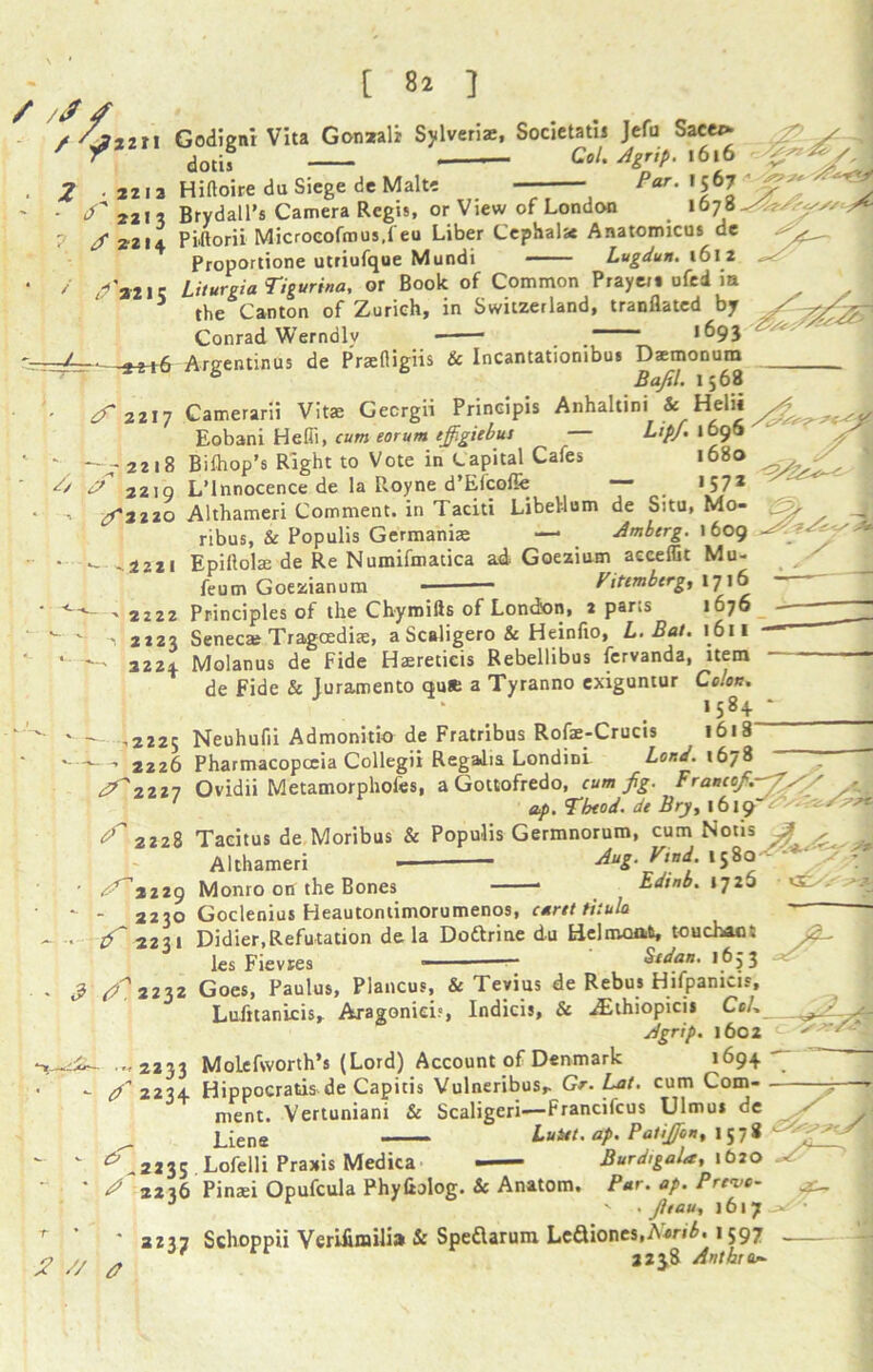 /// / y? 2 211 zr22'2 221 3 ^2214 P iiftorii 2215 Godigni Vita Gonzali Sylveriae, Societatis Jefu Sacet* dotis Col. Agrip. .616 Hiftoire du Siege de Make Par. ' 5°7 Brydall’s Camera Regis, or View of London _ » Piiftorii Microcofmus.l eu Liber Cephala Anatomicus de Proportione utriufque Mundi Lugdun. 1612 Liturgia Tigurina, or Book of Common Prayer* ufed ia A/ the Canton of Zurich, in Switzerland, tranflated by Conrad Werndlv *^93 Argentinus de Praefligiis & Incantationibus Diemonum ° Bafel. 1568 ^2217 Camerarii Vitae Gecrgii Principis Anhaltini i ScHelii ^ Eobani Hefii, cum eorum effigiebus LipJ. 1696 ■—22,8 Bilhop’s Right to Vote in Capital Cafes 1680 2219 L’lnnocence de la Royne d’Efcofie — 157* (ftizo Althameri Comment, in Taciti Libelium de Situ, Mo- ribus, & Populis Germaniae —* Amberg. 1609 - 2221 Epiltolae de Re Numifmatica ad Goezium acceffit Mu- feum Goezianum ■ ■ ■ Pi tern berg, 1716 2222 Principles of the Chyroiils of London, 2 par.s 1676 ^ r is 1* _ P _ 1! ^ ^ - yv 0 - U ai n nn T *.*.£•** i w* j • r r D 2 j23 Seneca? Tragcediae, a Scaligero & Heinuo, L. Bat. 1011 2224 Molanus de Fide Haereticis Rebellibus fervanda, item de Fide & luramento quK a Tyranno exiguntur Colon. 1S8 + .2225 Neuhufii Admonitio-de Fratribus Rofae-Crucis 1618' 2226 Pharmacopoeia Collegii Regalia Londini Lond. 1678 ^2227 Ovidii Metamorphofes, a Gottofredo, cum fig. Franco/.- 7// ' dp. Tbtod. de Bry, lbl()~ ^2228 Tacitus de Moribus & Populis Germnorum, cum Nous ^ ^ Althameri M-1 S8° : ? d?~‘2229 Monro on the Bones * Edinb. 1726 2230 Goclenius Heautontimorumenos, caret titula i(A XU UVVltUIUfl iawmm*.**.* ~ ' 2231 Didier,Refutation d& la Doftrine du Eelm-oaft, touebaefi les Fievres ————— Sedan. 1653 ^2232 Goes, Paulus, Plancus, & Tevius de Rebus Hifpanicis, Lulitanicis, Aragoniei?, Indicis, Sc ^Ethiopicis Ccu Agrip. 1602 - - 2233 Molefworth’s (Lord) Account of Denmark 1694 ^2234 Hippocratis de Capitis Vulneribus,. Gr. Lat. cum Com- ment. Vertuniani & Scaligeri'—Francifcus Ulmus de JJene Lutot. ap. Pati/bn, 1578 ^2235 # 2236 Pinasi Opufcula Phylialog. Si Anatom. Lofelli Praxis Medica — BurdigaLt, 1620 Petr. ap. Preve ' . /tau, 1617 21x1 Schoppii Veriiimilia & Speflarum Leaiones,A:«r»£. 1597 rr 3238 Antbro~ // A