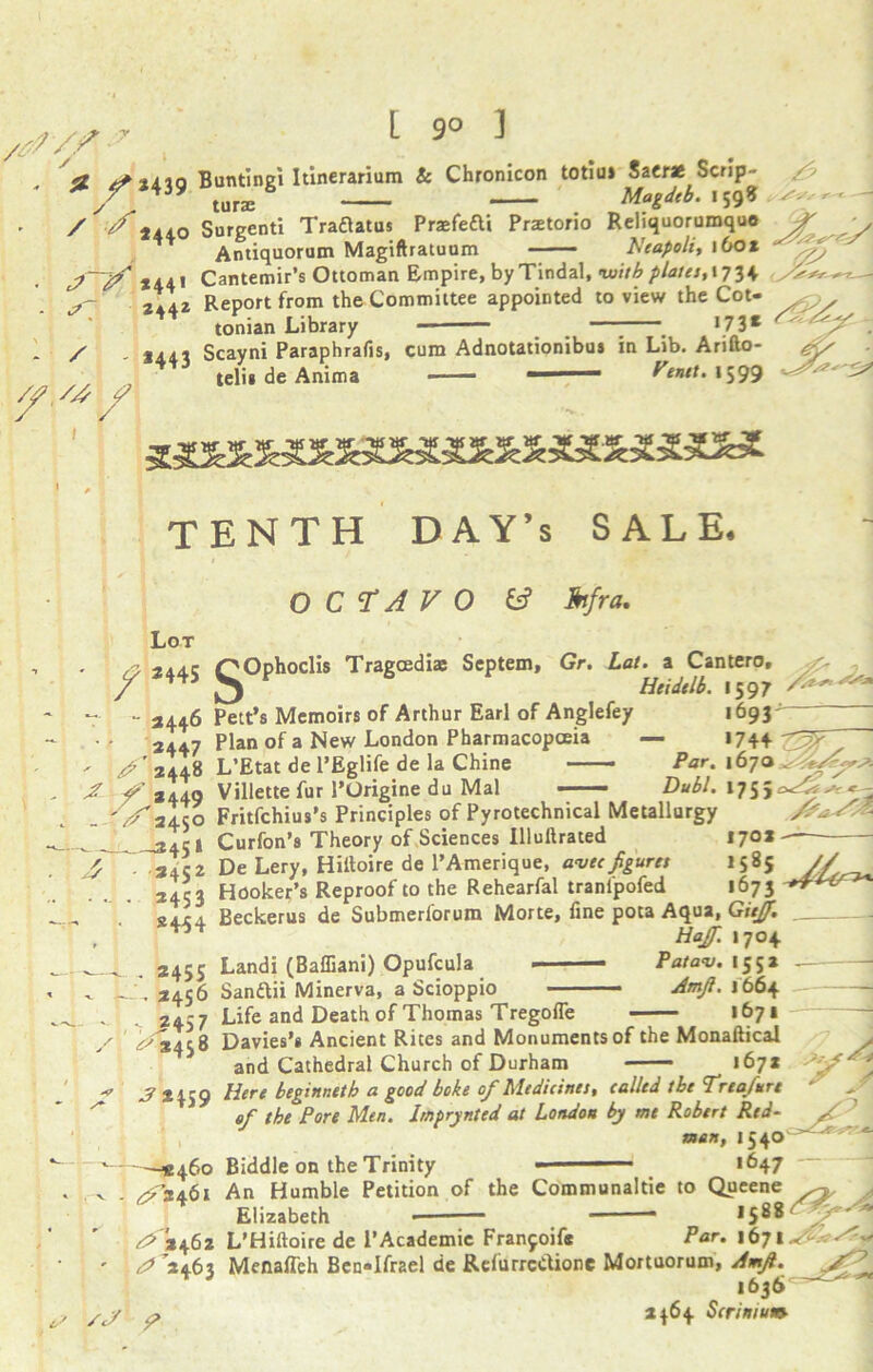 [ 9° 1 H / *439 y yf. J s' 444° if *44» 4442 '/ / //r *443 Bunting! Idnerarium & Chronicon totiu* Sacrae Scrlp- turse — —■ _____ Magdeb. 1J98 Surgenti Traflatus Praefeai Praetorio Reljquorumquo Antiquorum Magiftratuum Neapoli, 160* Cantemir’s Ottoman Empire, by Tindal, with plain, 1734 Report from the Committee appointed to view the Cot- tonian Library *73* A? J / tomaa iiiurary — # # # f* Scayni Paraphrafis, cum Adnotationibus in Lib. Arifto- teli» de Anima ' Venet. 1599 vr :.ar TENTH DAY’s SALE. OCTAVO y Infra. Lot *445 - 3446 ,2447 ' f 244s X ^>449 - 0 2450 SOphoclis Tragcediae Septem, Gr. Lat. a Cantero, Heidelb. 1597 Pett’s Memoirs of Arthur Earl of Anglefey 1693 Plan of a New London Pharmacopoeia — 1744 L’Etat de l’Eglife de la Chine —— Par. 1670 Villette fur 1’Origine du Mai —T 245» fy 2dC 2 34S 2453 2454 vuieuciui 1 uu Dubl. 175> ' * 0 Fritfchius’s Principles of Pyrotechnical Metallurgy Curfon’s Theory of Sciences Illuftrated 170* De Lery, Hiitoire de l’Amerique, avec figures 1585 — - 2455 —■24S6 ' , T ^457 / ^*438 Hooker’s Reproof to the Rehearfal tranfpofed 1673 Beckerus de Submerlorum Morte, fine pota Aqua, Gieff. Hajfi. 1704 Landi (Baffiani) Opufcula Patav. 155a Sandii Minerva, a Scioppio ■ Amfi. it>6^ Life and Death of Thomas Tregofle 1671 *?*459 *460 . ^2461 ^3462 2463 Davies’s Ancient Rites and Monuments of the Monaftical and Cathedral Church of Durham 167* Here beginneth a good boke of Medicines, called the Treafnre of the Pore Men. Imprynttd at London by me Robert Red- y man, 154° Biddle on the Trinity - ■ -1 >647 An Humble Petition of the Communaltie to Queene Elizabeth *588 ~ L’Hiftoire de 1’Academic Fran^ife Par. s /J ? MenalTeh Ben-Ifrael de RefurrcCfione Mortuorum, Amfi. 1636^^^! 2464 Seri matey