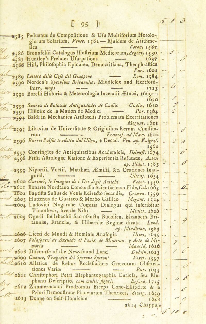 —*s*s -*589 *59° 3591 s£T*59* a 5 9 3 *5?4 'S95 2596 ^*597 ^3598 *599 2600 ^■*^560! r 260 z 3603 ——^3604 f'.. ^ 2605 *^^3608 7*609 ^ i»6io 2612 2613 C 95 ]• c Paduanus de Compofitione & Ufu Multiforium Horolo- giorum Solarium, Fenet. 1582 — Ejufdem de Arithme- — tica - - ■ A'iron, 1587 Brunnfelfii Catalogus Tlluftrium Medicorum,/frge»/. 1530 * Huntley's Prelates Ufurpations *637 Hill, Philofophia Epicurea, Democritiana, Theophraftica Par. 1601 Let I ere dtlle Co/e del Giappone - — Rom. 1584 Norden’s Speculum Britannia, Middlefex and Hertford- (hire, maps —— 1723 Borelli Hiltoria & Meteorologia Incendii -dEtntei, 1669— 1670 Suarez de Salazar Antiguedades de Cadiz Cadiz, 1610 • Hiftoite de la Maifon de Medici Par. 1564 Baldi in Mechanics Axillotelis Problemata Exercitationes Moguut. 1621 Libaviui de Univerfitate Sc Originibus Rerum Condita- rum Franco/, ad Man. 1610 Barros TA/sa tradotta dal Ulloa, 2 Decad. Fen. ap. FalgnJ. 156 i Conringius de Antjquitatibus Academicis, Helmejl. 1674 Frifii Altrologis Ratione Sc Experientia Refutatae, Antv. ap. Plant. 1583 Niportii, Voetii, Matthaei, jEmilii, Sec. Orationes Inau- gural. ■■ ■ Ultraj. 1634 Cart art, le Imagini de i Dei degli Antic hi Venet. 1556 Bonarte Nordtano Concordia Scientiae cum Fide,Cc/. 1665 Baptifta Sufius de Venis Edirefto fecandis, Cremon. *559 Huttenus de Guaiaco & Morbo Gallico Mogunt. 1524 Ludovici Nogarolae Comitis Dialogus qui inferibitur Timotheas, five de Nilo Mediol. 1626 Ogerii Bellehachii Sacrofandta Bucolica, Elizabeth Bri- tanniae, Franciae, Sc Hibernia: Reginae dicata Loud. ap. Middleton, 1583 Liceti de Mundi Sc Hominis Analogia Utini, 1635 Vela/quez de Azeuedo el Fenix de Minerva, y Arte de Me- moria Madrid, 1626 Difcourfe of the New-found Land Dublin, 1623 Canace, Tragedia del Sperone Speroni Fenet. 1 597 Allatius de Rebus Ecclellalticis Graecorum Obferva- tiones Variae Par. 1645 Chriftophori Petri Elephantographia Curiofa, feu Ele- phanti Defcriptio, cum multis/guri; Er/ord, I715 Zimmermanni Prodromus Biceps Cono-Elliptica: & a Priori Demonftratae Pianetarum Theorices, Stuttg. 1679 Donne on Self-Homicide — 1648 3614 Chappui* A 3 3 & / /, / f A J A - ~ f 2 / '£> S 3 A uf /d