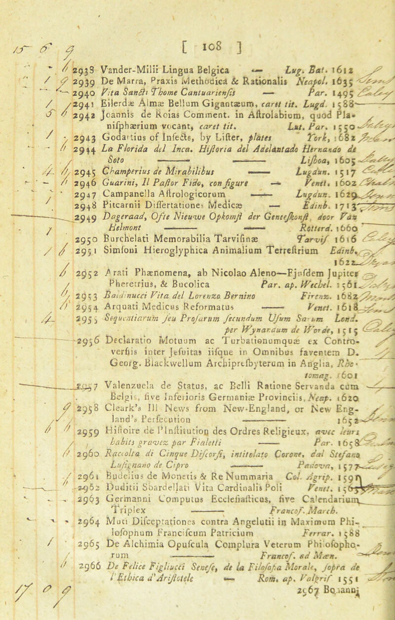 161 z 293S Vander-Milii Lingua Belgica — Lug. Bat / ■/ 2939 De Marra, Praxis ivlethodica & Rationalis Neatol. 163; 2940 Fita Sandh Thome Cantuarienfis — Far. I 493 /fdxDr-pS /294J Eilerds Aims Bellum Gigantsum, cant lit. Lugd. 1588* v 2942 jcannis de Roias Comment, in Aftrolabium, quod Pla- , nifphsrium vocant, caret tit. Lut. Par. 1550 2943 Goda'tius of Infedt6, by Lifter, plates York, •'b'&i / S / ' 6 2944 La Florida del Inca. Hifiona del A del an t ado Hernando de . Soto Lijloa, 160; - /o 010 — — - 2945 Champerius de Mirabilibus — /' 2946 Guar ini, 11 Pa ft or Ft do, con figure 2947 Campaneila Aftrologicorum 2948 Pitcarnii Diftertatione^ Medics Lugdun. 1517 / / / Fenel. 1602 L ugdun. 16 ,-r Edinb. 17» 2949 Dageraad, Ofie Nieunve Opkomfi der Geneejkonfi, door Fan Helmont —— Rotterd. 1660 2950 Burchelati Memorabilia Tarvifins Tarvifi 16»6 / 4- I / 2951 Simloui Hieroglyphica Animalium Terreftrium Edinb.^?, l62 -Af 25)52 A rati Phenomena, ab Nicolao Aleno—Fjnfdem Jupiter Pheretrius, & Bucolica Par. ap. Wecbel. \ c,b\r* 2943 Batdinucci Vita del Lorenzo Bernino Fire nr.. 2954 Arquati Medicus Reformatus Fentt. 1618 295 j Sequential-urn Jeu Projarum fiecundum Ufum Sa-t.m Lend. per Wynar.aum de Horde, 1 5 I 5 2936 Declaratio Motuum ac Turbationumqus ex Contra- verbis inter Jefuitas iifque in Omnibus faventem D. Georg. Biackvvellum Arcbiprtfbyterum in Anglia, Roe- tomag. ‘ 601 204,7 Valenzuela de Status, ac Belli Ratione Servanda cum Belgi , five Jnferioris Germanis Provinces, AVsf. t6zo 2958 Cleark’s 111 News from New-Engiand, or New Eng 7\ / // land% Perfecution 1642 2959 Hifioire de Plnftitutioq des Ordres Religieux. avec lews ,~ habits gravez par Fialetti Par. 16 5 & w* if 2960 Rauolia di Cinque Dijcorfi, intitolato Corone, dal S/efiar.n \ Lufigna.no de Cipro Padova, 157; ~~ / 2961 Budelius de Monetise RcNummaria CoL Agrip. 1591 / -2962 Duditii Soardellati Vita Cardinalis Poli Fentt. 1 ,, 29(73 Gerinanni Computus Eccleliafticus, five Ca!er.dariun^___ Triplex Francof .March. / if // 0 # / 2964 Muci Difceptationes contra Angelutii in Maximum Phi-, lofophum Francifcum Patricium Ferrar. 1588 2965 De Alchimia Opufcula Complura Veterum Phiiofopho- •: rum ■ ■ ■ Francof. ad Merit. 2966 De Felice Figliucci Senefe, de la Filofopa Morale, jopra de i Ethic a a' Arjhtelc «— Rom. ap. Falgrift 1551 zc6jr Bo.iannj