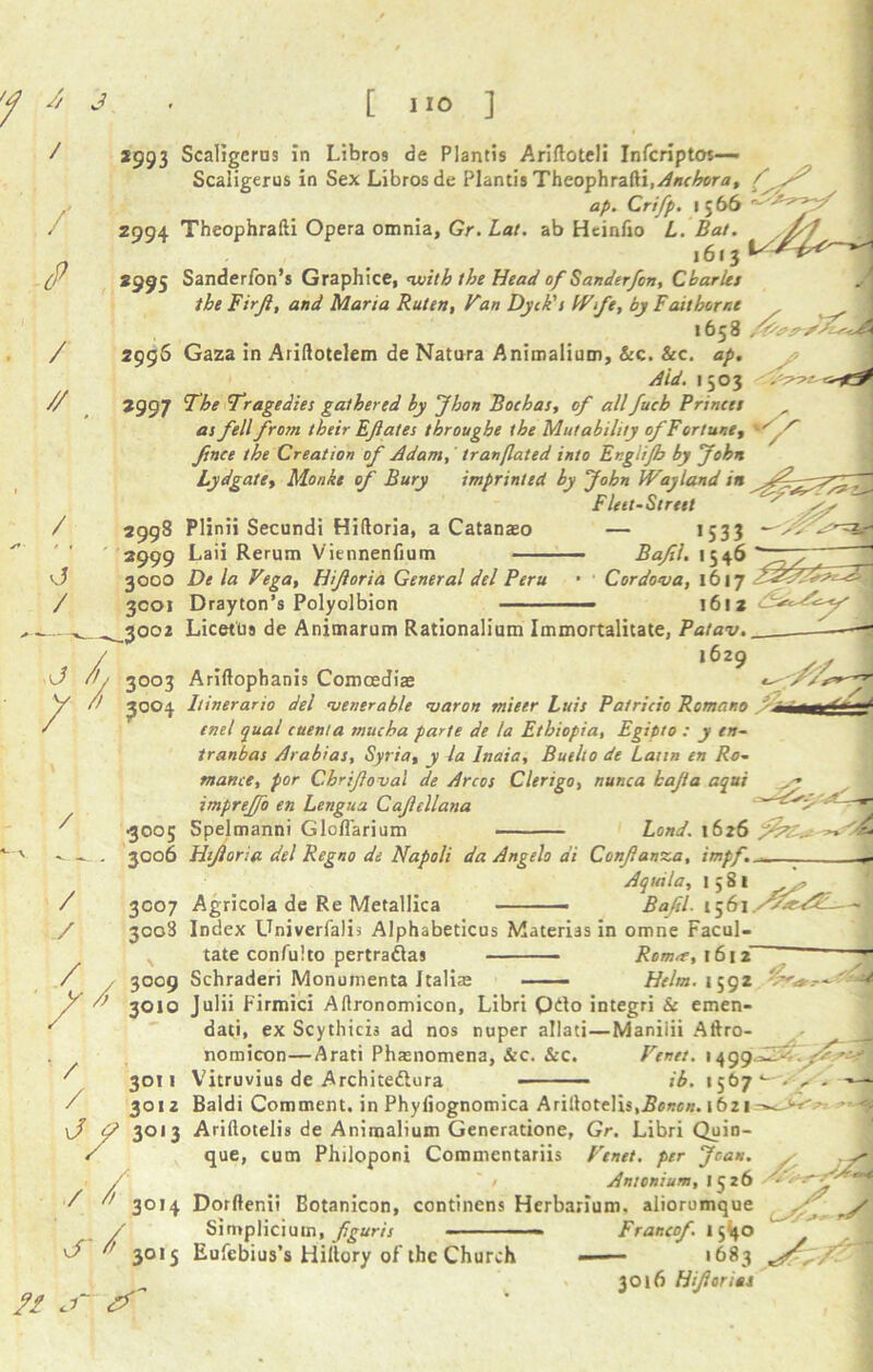 A J 2993 Scaligerus in Libros de Plantis Ariftoteli Infcriptos— Scaiigerus in Sex Librosde Plantis Theophrafti,Anchora, ap. Crifp. 1566 2994 Theophrafti Opera omnia, Gr. Lat. ab Heinfio L. Bat. j / // 2995 Sanderfon’s Graphice, ’with the Head of Sander fort, Charles the Firjl, and Maria Ruten, Van Dyck's Wife, by Fait borne 1658 299S Gaza in Ariftotelem de Natura Animalium, &c. See. ap. Aid. 1503 2997 The Tragedies gathered hy Jhon Bochas, of allfucb Princes as fell from their EJlates throughe the Mutability of Fortune, Jince the Creation of Adam,' tranflated into Engiifb by John Lydgate, Monks of Bury imprinted by John Way land in / / 2998 Plinii Secundi Hiftoria, a Catanaso 3999 Laii Rerum Viennenfium — Fleet-St reel >533 Bafil. 1546 j / 3000 De la Vega, Hijloria General del Peru 3001 Drayton’s Polyolbion 3002 Licetus de Animarum Rationalium Immortalitate, Patav. 1629 3003 Ariftophanis Comcediae 3004 Itinerario del ’venerable <varon miser Luis Patricio Romano Jii —< Cordova, 1617 1612 / end qual cuenta mucha parte de la Ethiopia, Egipto : y en- tranbas Arabias, Syria, y la lnaia, Buelto de Latin en Ro- mance, por Chrifloval de Arcos Clerigo, nunca kajia aqui imprejfo en Lengua Cajlellana •3005 Spelmanni Gloflarium Lond. 1626 - W- / / 3006 Hijloria del Regno de Napoli da Angelo ai Conjlanza, impf.. „ Aquila, 1581 , 3007 Agricola de Re Metallica Bafil. ^ / 3008 Index Univerfalis Alphabeticus Materus in omne Facul- tate confulto pertraftas Remit, 1612“ 3009 Schraderi Monumenta Italia; Helm. 1592 / / 3010 Julii Firmici Aftronomicon, Libri Otto integri & emen- dati, ex Scythicis ad nos nuper allati—Maniiii Aftro- nomicon— A rati Phenomena, &c. Sec. Venet. 1499 ^ -' J*. 3011 Vitruvius de Architedlura ib. 1567*-- ^ - 3012 Baldi Comment, in Phyiiognomica Ariftotelis,.Sew#. 1621 SS. \J & 3013 Ariftotelis de Animalium Generadone, Gr. Libri Quiu- / que, cum Philoponi Comnientariis Venet. per Joan. / / Antonium, 1526 /  3014 Dorftenii Botanicon, continens Herbarium, aliorumque / Simplicium, ftguris ■■ ■■■■ — Francof. 154° f <’ 3015 Eufcbius’s Hiltory of the Church — — 1683 3016 Hijl trial &