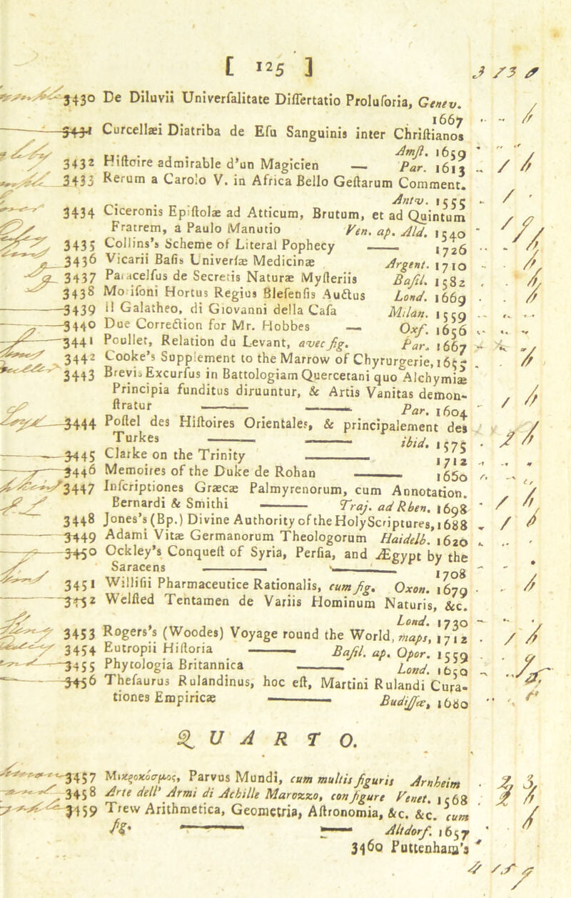 — -543-t ^ 3 4 3 2 3433 Milan. 1559 0.x/'. 1656 1667 Par* 4444 3445 3446 3447 3448 5449 -3+5° 345 * ~3T52 3453 3454 ^ —3455 -3456 [ I25 3 De Diluvii Univerfalitate Diflertatio Proluforia, G^u. Curcellaei Diatriba de Efu Sanguinis inter Chriftianos .... . ... . Amfi. 165a Hiftoire admirable d’un Magicien — par. 1613 Kerum a Caro.o V. in Africa Bello Geftarum Comment. r>- . Antu. 1555 Ciceronis Epiftolae ad Atticum, Brutum, et ad Quintum Fratrem, a Paulo Manutio Ven. ap. Aid. 154.0 Collins’s Scheme of Literal Pophecy — 1726 Vicarii Bafis Lniveriae Medicinae Argent. 1710 Pa.aceifus de Secretis Naturae Myfteriis Bafil. 1582 Mo ifoni Hortus Regius Blefenfis Audlus Lond. 166a 1! Galatheo, di Giovanni della Cafa Due Corre&ion for Mr. Hobbes — Poullet, Relation du Levant, avecfig. Cooke’s Supplement to the Marrow of Chyrurgerie, 165- Brevis Excurfus in Battologiam Quercetani quo^lchymiae Principia funditus diruuntur, Sc Artis Vanitas demon- ftratur ■ ■ par_ lf)Q. - Poftel des Hiftoires Orientaler, & principalement des Turkes — ibid. 1 c 7 c • Clarke on the Trinity .. 1712 Memoires of the Duke de Rohan , 650 * Infcriptiones Graecae Palmyrenorum, cum Annotation Bernardi k Smithi Traj. adRben. 1698 * Jones’s (Bp.) Divine Authority oftheHolyScriptures,i688 Adami Vitae Germanorum Theologorum Haidelb. 1620 Ockley’s Conqueft of Syria, Perfia, and xEgypt by the Saracens ■ ■- 1708  Willifii Pharmaceutice Rationalis, cum fig. Oxon. 1679 . Welfled Tentamen de Variis Hominum Naturis, &c. _ , Lond. 17 20 ~ Rogers s (Woodes) Voyage round the World .maps, 1712 . Eutropu Hiftoria Bafil.ap.Qtor. iceq Phytologia Bntanmca Lond. 1 beq ^ Thefaurus Rulandinus, hoc eft, Martini Rulandi Cura- tiones Empiricae Budijfa, j68o ‘ - / // / ' / f : i / 6 / / / # . /; >/ '•A vr , /* SI U A R TO. r' 3457 M»*§oxc£rfM<, Parvus Mundi, cum multis figuris Arnheitn • 2 3 .S 3458 Arte dell Armi di Acbille Marozzo, confgure Benet. jc68 jf // y ^^^459 T,evv Arithmetica, Geometria, Aftronomia, &c. &c. ' / ~ ^ Altdorf, 1657 3460 Puttenhaia’s * 4 /.Aj?