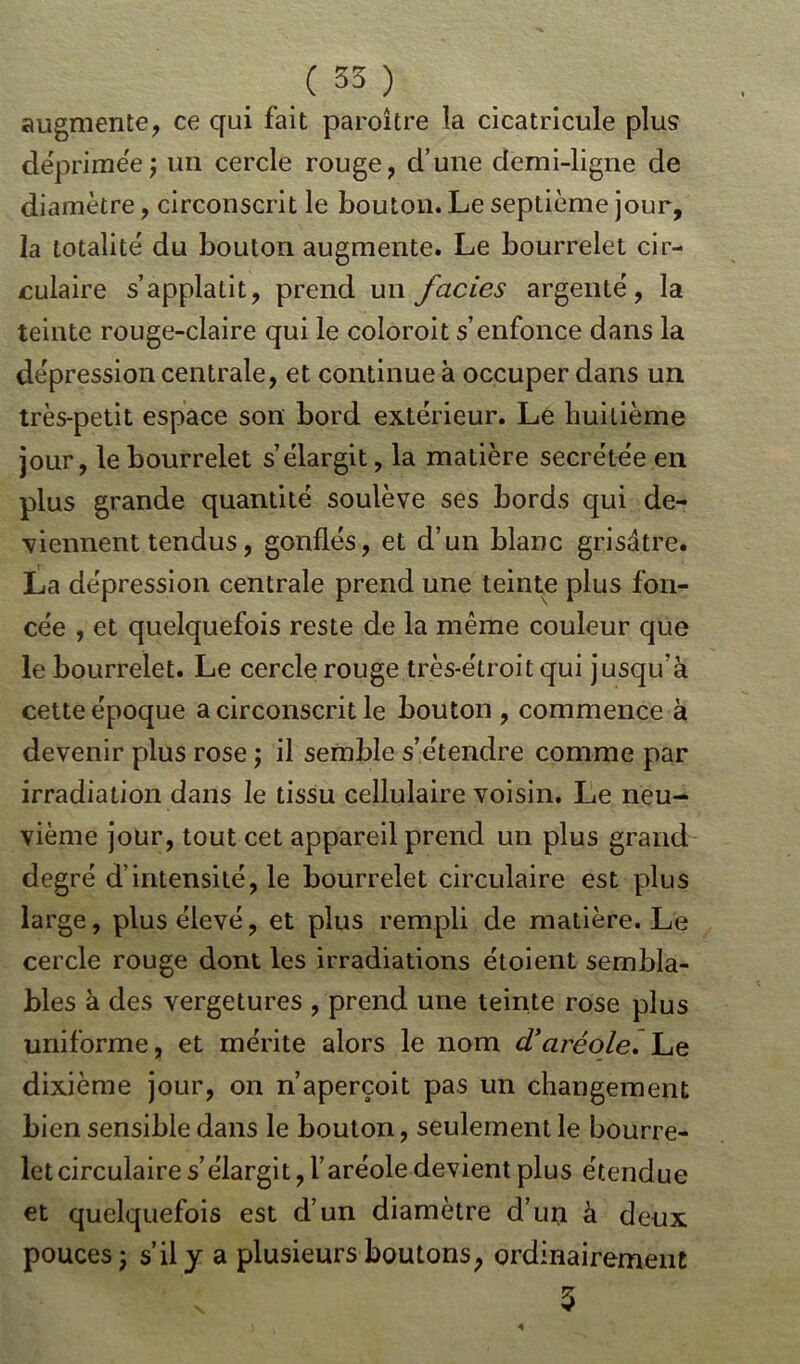 (53) augmente, ce qui fait paroître la cicatricule plus déprimée; un cercle rouge, d’une demi-ligne de diamètre, circonscrit le bouton. Le septième jour, la totalité du bouton augmente. Le bourrelet cir- culaire s’applatit, prend un faciès argenté, la teinte rouge-claire qui le coloroit s’enfonce dans la dépression centrale, et continue à occuper dans un très-petit espace son bord extérieur. Le huitième jour, le bourrelet s’élargit, la malière secrétée en plus grande quantité soulève ses bords qui de- viennent tendus, gonflés, et d’un blanc grisâtre. La dépression centrale prend une teinte plus fon- cée , et quelquefois reste de la même couleur que le bourrelet. Le cercle rouge très-étroit qui jusqu’à cette époque a circonscrit le bouton , commence à devenir plus rose ; il semble s’étendre comme par irradiation dans le tissu cellulaire voisin. Le neu- vième jour, tout cet appareil prend un plus grand degré d’intensité, le bourrelet circulaire est plus large, plus élevé, et plus rempli de matière. Le cercle rouge dont les irradiations étoient sembla- bles à des vergetures , prend une teinte rose plus uniforme, et mérite alors le nom d’aréole. Le dixième jour, on n’aperçoit pas un changement bien sensible dans le bouton, seulement le bourre- let circulaire s’élargit, l’aréole devient plus étendue et quelquefois est d’un diamètre d’un à deux pouces ; s’il y a plusieurs boutons, ordinairement