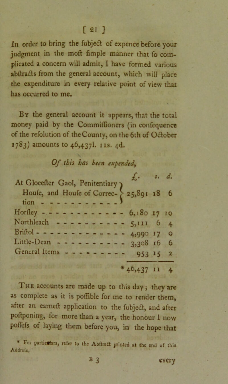 in order to bring the fubjeft of expence before your judgment in the moft fimple manner that fo com- plicated a concern will admit, I have formed various abdra&s from the general account, which will place the expenditure in every relative point of view that has occurred to me. By the general account it appears, that the total money paid by the CommiHioners (in confequence of the refolution of the County, on the 6th of O&ober 1783) amounts to 46,437!. 11s. 4d. Of this has been expendedy At Gloceder Gaol, Penitentiary Houfe, and Houfe of Correc- tion - ---------- Horfley - -- -- — _ - _ - Northleach --------- Briflol ------- Little-Dean - -- -- -- — General Items * £• '• 25,891 18 6,180 17 5,111 6 4,990 17 3,308 16 953 J5 46,437 11 d. 6 10 4 o 6 2 4 The accounts are made up to this day; they are as complete as it is poflible for me to render them, after an earned application to the fubjeid, and after podponing, tor more than a year, the honour 1 now poffefs of laying them before you, in the hope that * For particulars, refer to the Abftraft printed at the end of this ■Addrelj. B 3 every