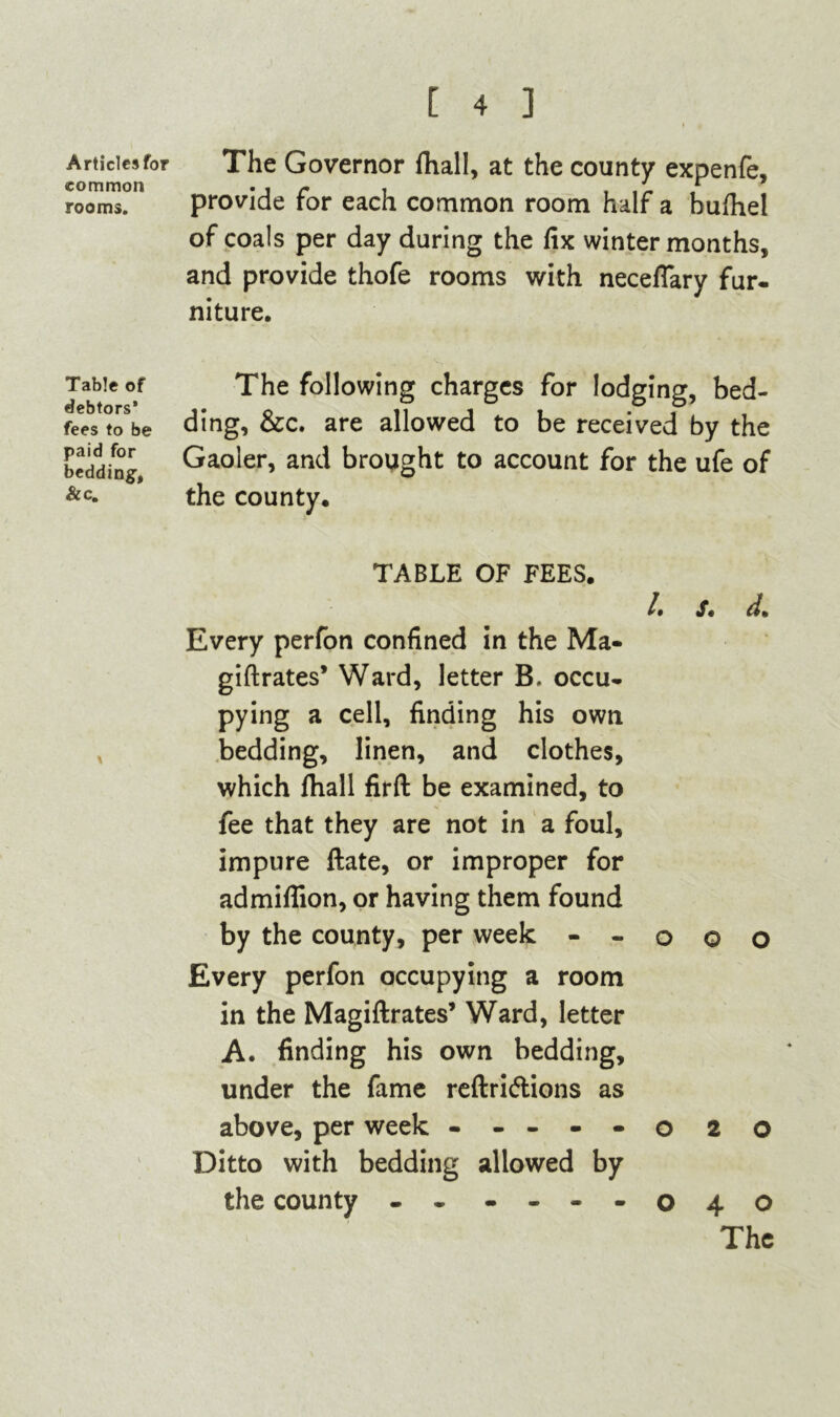 Articles for common rooms. Table of debtors’ fees to be paid for bedding, &c. [ 4 ] I , The Governor (hall, at the county expenfe, provide for each common room half a bufhel of coals per day during the fix winter months, and provide thofe rooms with neceflary fur- niture. The following charges for lodging, bed- ding, &c. are allowed to be received by the Gaoler, and brought to account for the ufe of the county. TABLE OF FEES. /. J. d* Every perfon confined in the Ma- giftrates’ Ward, letter B, occu- pying a cell, finding his own bedding, linen, and clothes, which fhall firft be examined, to fee that they are not in a foul, impure ftate, or improper for admiflion, or having them found by the county, per week - - Every perfon occupying a room in the Magiftrates’ Ward, letter A. finding his own bedding, under the fame reftri&ions as above, per week - - - - - Ditto with bedding allowed by the county - - - - - - o o o 020 040 The