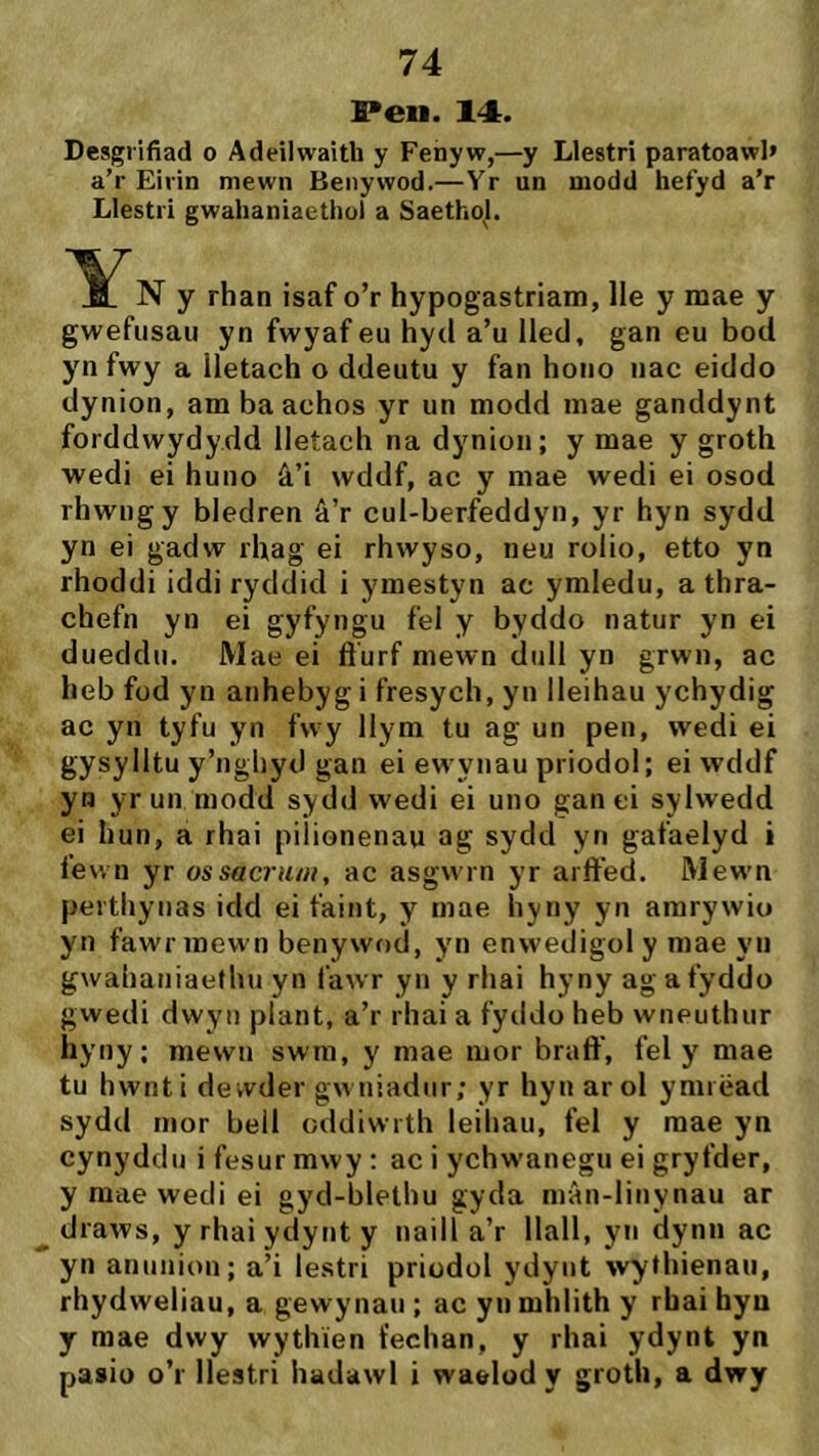 Pen. 14. Deagrifiad o Adeilwaitli y Fenyw,—y Llestri paratoawl» a’r Eirin mewn Benywod.—Yr un uiodd hefyd a’r Llestri gwahaniaethol a Saetho|. N y rhan isaf o’r hypogastriam, lle y mae y gwefusau yn fwyaf eu hyd a’u lled, gan eu bod ynfwy a lletach o ddeutu y fan hono nac eiddo dynion, am ba achos yr un modd mae ganddynt forddwydydd lletach na dynion; y mae y groth wedi ei huno â’i wddf, ac y mae wedi ei osod rhwngy bledren â’r cul-berfeddyn, yr hyn sydd yn ei gadw rhag ei rhwyso, neu rolio, etto yn rhoddi iddi ryddid i ymestyn ac ymledu, a thra- chefn yn ei gyfyngu fel y byddo natur yn ei dueddu. Mae ei ft'urf mewn diill yn grwn, ac heb füd yn anhebygi fresych, yn lleihau ychydig ac yn tyfu yn fwy llym tu ag un pen, wedi ei gysylltu y’nghyd gan ei ewynau priodol; ei wddf yn yr un modd sydd wedi ei uno gan ci sylwedd ei hun, a rhai pilionenau ag sydd yn gafaelyd i fewn yr ossacrinii, ac asgwrn yr arft'ed. Mewn perthynas idd ei faint, y mae hyny yn amrywio yn fawrmewn benywod, yn enwedigol y mae yii gwahaniaethu yn fawr yn y rhai hyny ag afyddo gwedi dwyn plant, a’r rhai a fyddo heb wneuthur hyny; mewn swm, y mae mor braft', fel y mae tu hwnti dewder gwniadur; yr hyn arol ymiëad sydd mor bell oddiwrth leihau, fel y mae yn cynyddn i fesur mwy ; ac i ychwanegu ei gryfder, y mae wedi ei gyd-blethu gyda niân-Iinynau ar draws, y rhaiydynty naill a’r llall, yn dynn ac yn annaion; a’i lestri priodol ydynt wythienau, rhydweliau, a gewynau ; ac ynmhlith y rhai hyn y mae dwy wytliien fechan, y rhai ydynt yn pasio o’r llestri hadawl i waelod y groth, a dwy