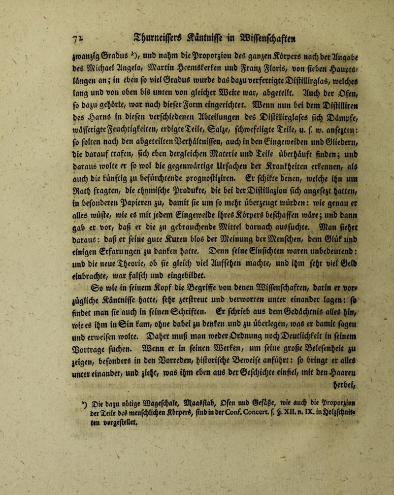 7* £&umeiffer$ $«nfmffe in ^iffenftyaftett $wan$tg©rabuS *), unb nahm bie^roporjion bes ga^en 5?6rpctS nad)bet31ngobe beS 9Dftd;ael 21ngelo, SDiarttn £eemsferfen unb $ran$ gforis, pon ftc6cn Jfpaupts* längen an; in eben fo Ptel©rabuS würbe basbajuverfertigte^CfltUirgfaa, wefd;es lang unb pon oben bis unten Pon gleicher $83elte war, abgefeilt. 2lud) ber Öfen, fo ba$u gehörte, war nad) btefer$orm eingeridjtet. Söenn nun bei bem aMftülire« bes £arns in tiefen Perfdjiebenen Tlbteifungen beS ®ifiiüirgfafeS ßd) Kämpfe, wälfertgee$rud)figfeifen, erbt'gte Seile, ©al$e, fd)wefe(fgte Seife, u. f. w. anfeiten: fo foiten nad) ben abgeteiltenißerbälfmfren, aud) in ben ©ingeweiben unb ©Hebern, bie barauf trafen, ftd) eben bergleid)en Materie unb Seife überhäuft ftnben; uttb baratte wolte er fo wo! bie gegenwärtige Urfacfyen ber Äranf§eiten ernennen, afs aud) bte fünfttg ju befürebtenbe prognofitjiren. ffr fdjtfte benen, welche t'bn um SKatb fragten, bie cbqmt'fdje Q)robufte, bie bei ber £)ißi(la$ion fid) angefejt batten, in befonberen papieren ju, bamif fie um fo me^r überzeugt würben: wie genau er alles wüße, wie es mit jebem ©ingeweibe ihres Körpers befdja ffen wäre; unb bann gab er Pot, baß er bie ju gebtaud)enbe SOiittel barnad) ausfud)te. »Dian fielet barauS: baß et feine gute ^uren bfoS ber Meinung bet 29ienfd;en, bem ©lüf unb einfgen ©rfarungen ju banfen batte. SDenn feine €tnftd)fen waren unbebeutenb: unb bie neue Sporte, ob fie glettf) Piel ^uffe^en machte, unb ibm fe$t piel ©efo einbrad)fe, war falfd) unb eingebtlbef. ©o wie in feinem Ä'opf bie SÖegrife bon benen SBtffenfdjaffen, bartn er bor# jüglidje ^äntniffe batte, fe§r jerßreut unb berworren unter einanber lagen: fo fittbet man fie aud) in feinen ©d)dften. £r fd)tieb aus bem@ebdd)tnis alles bin, wie es tbm in ©in lam, ohne babei ju benfen unb ju überlegen, was er bamtt fagen unb erweifen wolte. ©aber muß man weber örbnung nocb£)eutficbfeit in feinem Vorfrage fucf)en. SBenn er in feinen Sßoerfen, um feine große SBelefenbeit $u jeigen, befonbers in ben Streben, btßorifcbe SSeweife anfübtt: fo bringt er alles unter einanber, unb $tebf, was tbm eben aus ber©efd)id)te etnftef, mit ben paaren betbei, *) ©ie baju notige QBagefdjale, SOiaaSßab, ©fett unb ©efäße, wie nudf) bie ^roporjton ber Seile beS menfcblitb«« Äbrperf, fiub in ber Conf. Concert. f. §, XII. n. IX. inSjoljfcbntt« tin twrgeßellet.