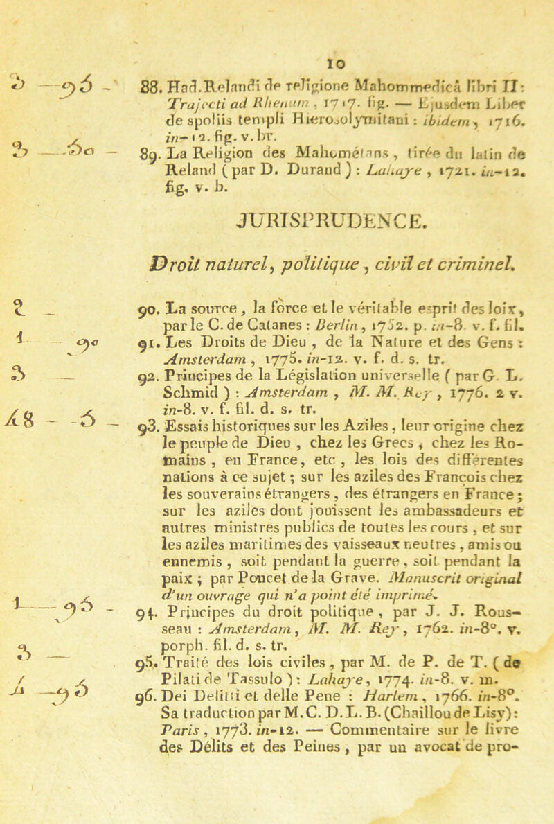6 O 10 S8. Had.B-elati^i tle rplî^ione MahommfcKcâ Fîbri II; Tra'jccti ad Rhenum , 17 17. — Ejusdern Lil^er tlespolüs tenipli Hærüjol^'niitaui : ibidem 1716. in-~ 12. fip. V. br, 89. La Religion des Mahoméfans , tiri'-o du lalin de Reland Cp^r D* Durand) : Luiiujre , 1721. fig. V. b. JURISPRUDENCE. Droit naturel^ -politique ^ cwilet criminel. t \- cyc 5 - /8 - -ô ^ 1 - 5 - 90. La source, la force et le vérilable esprîf desloit, parle C. de Calanes : Z/er/m, i7-j2. p.//1-8. v. f. 61. 91. Les Droits de Dieu , de la Nature el des Gens t Amsterdam , i775. in-i%. v. f. d. s. tr. 93. Principes de la Législation universelle { par G. L, Schmid ) : Amsterdam , M. M. Rcy , 1776. 2 v. in-8. V. f. 61. d. s. tr. 98. Essais historiques sur les Aziles, leur origine cher le peuple de Dieu , cher les Grecs , chez les Ro- tnains , en France, etc, les lois des différentes nations à co sujet ; sur les aziles des François chez les souverains étrangers , des étrangers en France; sur les aziles dont jouissent les ambassadeurs et autres ministres publics de toutes les cours , et sur les aziles maritimes des vaisseaux neutres , amisou ennemis , soit pendant la guerre, soit pendant la paix; par Poucet de la Grave. Manuscrit original d’un ouvrage qui n’a point été imprimé, 94.. Principes du droit politique, par J. J. Rous- seau : Amsterdam, M. M. Rej-, 1762. m-8“. v, porph. 61. d. s. tr. 95. Traité des lois civiles, par M. de P. de T. ( do Pilatide Tassulo); Lahaj'e, *774- m-B. v. m. 96. Dei Delitîi et delle Pene : Harlem, 1766. m-8°. Sa traduction parM.C. D.L. B. (ChailloudeLisy): Paris, 1778. in-i2. — Commentaire sur le livre des Délits et des Peines , par un avocat de pro-