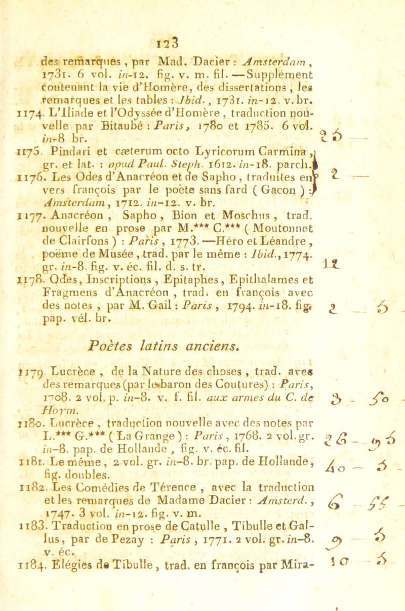 des remarques , par Mad. Dacier : Amsterdam , i?3 I. 6 vol. j/i-12. V. m. fil.—Supplément contenant la vie d’Homère, des dissertations , les remarques et les tables ; Jbid., ïj'ix. in-12. v. br. 1174. L’Iliade et l’Odjssée d’Homère , traduction nou- velle par Bitaubé : Pijm, 1780 et 1785. 6 vol. iV»-8 br. 1175. Pindari et ceeterum octo Lyricorum Carmina ,1 gr. et lat. : apud Paul. Steph. 1612./n-l8. pareil.! 1176. Les Odes d’Anacréon et de Sapho , traduites eriV vers françois par le poète sans fard ( Gacon ) :* Amsterdam ^ 1712. iii-i2. v. br. • 1177. Anacréon , Sapho, Bien et MoSchns , trad. nouvelle en prose par M.*** C.*** ( Moutonnet de Clairfons ) : Paris , 1773. —Héro et Léandre , poème de Musée , trad. par le même : gr. m-8. fig. V. éc. fil. d. s. tr. 1178. Odes, Inscriptions , Epitaphes, Epithalaraes et Fragraens d’Anacréon , trad» en François avec des notes , par M. Oail : Paris , 1794. figr pap. véi. br. il \ 6 Poètes latins anciens. 117g. Lucrèce , de la Nature des choses , trad. ares des remarques (par le»baron des Coutures) : Paris^ i’o8. 2 vol. p. Ô1-8. V. F. fil. aux armes du C. de Hoym. 1180. Lucrèce , traduction nouvelle avec des notes par L.*** G.*** ( La Grange) ; Paris , 1768. 2 vol.gr. ni-8. pap. de Hollande , fig. v. éc. fil. 1181. Le même , 2 vol. gr. in-8. br. pap. de Hollande, fig. doubles. 1182. Les Comédies de Térence , avec la traduction et les remarques de Madame Dacier ; Arnsterd., 1747. 3 vol. in-\2. fig. V. m. 1183. Traduction en prose de Catulle , Tibulle et Gal- lus, par de Pezay : Paris, 1771. 2 vol. gr. m-8. V. éc. 1184. Elégies de Tibulle , trad. en François par Mira- 5 - 116 Ao ^ ^ - // X, Oy — sa ^ I