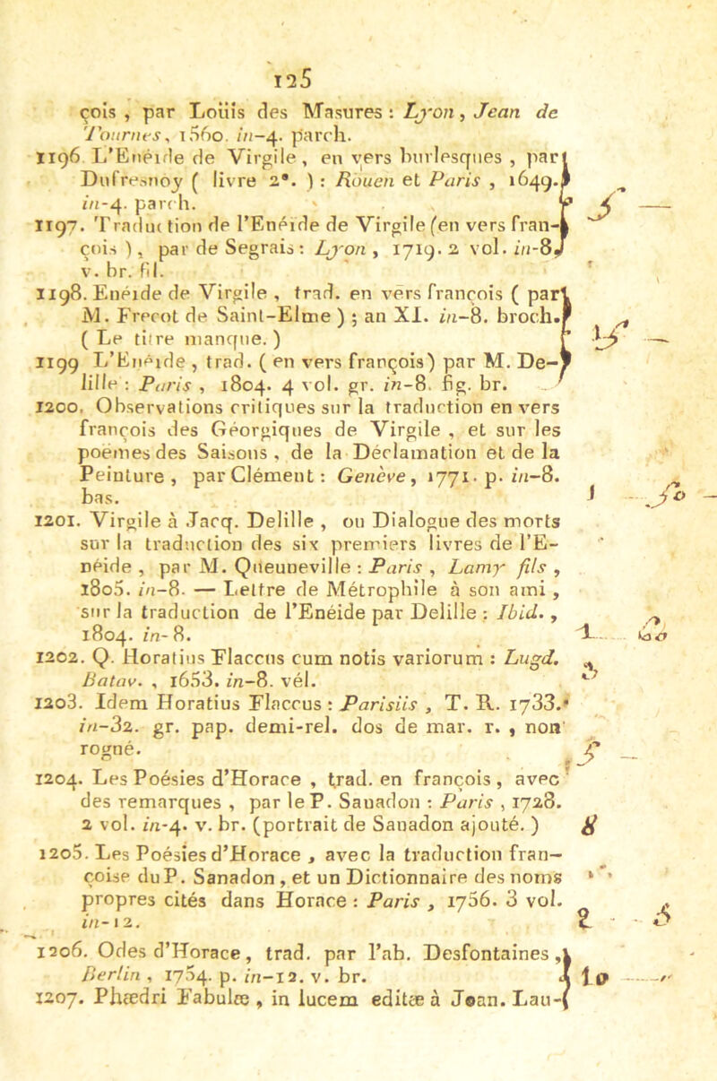 çois , par Louis des Masures: Lj'on, Jean de 'J'oitntes, ï56o. //i-4. pareil. 1196 L'Enéide de Virgile, en vers burlesques , parj Dufrenuoy ( livre 2®. ) : Rouen et Paris , /n-4. pardi. ' 1197. TratliK tion de l’Enéide de Virgile feu vers fran- çois ), par de Segraia : Lj-on , 1719. 2 vol. iii-8, V. br. fil. 1198. Enéide de Virgile , trad. en vers françoîs ( pari M. Erecot de Saint-Elme ) ; an XI. in-8. broch.l ( Le tiire manque. ) iigg L’Eiiêide , trad. ( en vers François) par M. De-) lille : Paris , 1804. 4 vol. gr. in-8. fig. br. 1200. Observations critiques sur la traduction envers François des Géorgiques de Virgile , et sur les poemesdes Saisons, de la Déclamation et de la Peinture, parClément: Genève^ 1771. p. z/i-8. bas. 1201. Virgile à .Tacq. Delille , ou Dialogue des morts sur la traduction des six premiers livres de l’E- néide , par M. Queuneville ; Paris , Lamy fils , l8o5. z/i-8. — Lettre de Métropliile à son ami, sur la traduction de l’Enéide par Delille : Ibid., 1804. in-8. 1202. Q. Horafius Elaccns cum notis variorum : Lugd. Batav. , l653. in-8. vél. 1203. Idem Horatius Elaccus : Parisiis , T. R. 1733.* in-3z. gr. pap. denii-rel. dos de mar. r. , non' rogné. 1204. Les Poésies d’Horace , tjad. en François , avec ‘ des remarques , par le P. Sauadon ; Paris , 1728. 2 vol. in-^. v. br. (portrait de Sanadon ajouté. ) 1205. Les Poésies d’Horace , avec la traduction Fran- çoise du P. Sanadon, et un Dictionnaire des noms propres cités dans Horace : Paris , ij56. 3 vol. in-12. 1206. Odes d’Horace, trad. par l’ab. DesFontaines, Berlin , 1704. p. in-li. v. br. 1207. Phtedri Eabulte, in lucem editæà Joan.Lau J' 1^ _ ± A .J- .■S ’jt„