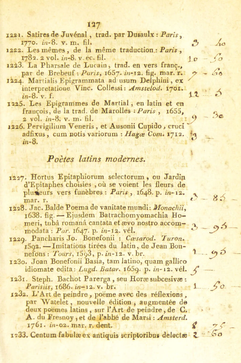 137 I2S1. Satires (îe Juvénal , trad. par Dusaulx : Paris, 1770. m-8. V. m. fil. 1222. Les mêmes , de la même traduction,; PanV , 1783. 2 vol. 1/2-8. V. éc. fil. I2à3. La Pharsale de Lucain, trad. en vers franç., par de Brebeuf ; Paris, i65j. fig. mar. r. 1224. Marlialis Epigrammata ad usum Delphiui, ex interpretatioue Vinc. Collessi: AmsteLod. 1701. m-8. V. f. 1225. Les Epigrammes de Martial, en latin et en frauçois, de la trad. de Marolles '-Paris , i655, 2 vol. m-8. V. m. fil. 1226. Pervigilium Veneris , et Ausonii Cupido > cruci adfixus , cum notis variorum : Hagœ Com- 1712. . m-8. A. J p ✓T - J '>■ \x ... Poètes latins modernes. \ 1227. Hortus Epitapbiorum selectorum , ou Jardin d’Epitaphes choisies ,où se voient les fleurs de plusieurs vers funèbres: Paris, 1648. p. m-12. mar. r. 1228. Jac. Balde Poema de vanitate mundi: Monachii, l638. fig. — Ejusdem Batrachomyomachia Ho- meri, tuba romanâ cantata etævo nostro accom- modafa ; Par. 1647. p. in-12.. vél. 1229. Pancharis Jo. Bonefonii : Cœsarod. Turon, i5g2. —Imitations tirées du latin, de Jean Bon- nefons ; Pours, i5cp3, p. in-x%. v. br. 1230. Joan Bonefonii Basia, tam latino, quam gallico idiomate édita: Lugd. Batav. J65g. p. m-12. vél. 1231. Steph. Bachot Parerga , seu Horæsubcesivée : Parisiis, l686. in-i2.v. hv. 1232. L’Art de peindre , poëme avec des réflexions , par Watelet, nouvelle édition , augmentée de deux poèmes latins , sur l’Art de peindre, de C. A. du Fresnoy , et de l’abbé de Marsi : Amsterd. 1761. m-02. mar. r. dent. 1233. Centum fabulæex antiquis scriptoribus delecta: — H 1 - . . /- 1. » * « . • c..