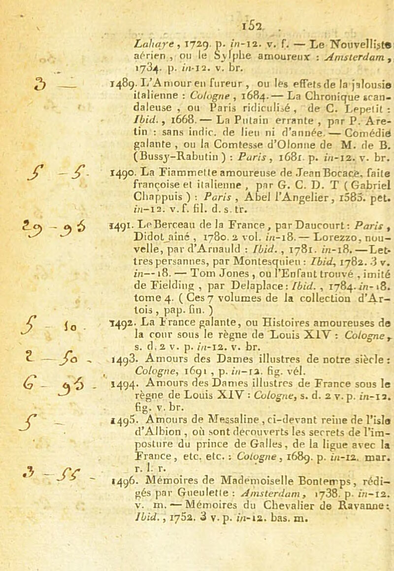 5 ~ jT / / lo 2 ^ , G 3-5 . J* i5a. . Lahaye ^ 1729 ji* iV»-ia. v. F. —Le Nouvelliste a^^rien , oti le S^Ipiie amoureux : Amsterdam, 1734. p. m-i3. V. br. 1489. L’Amour en fureur , ou les efTeistle la JslousiB italienne : Cologne16B4.— La Chronique scan- daleuse , ou Paris ridicnÜaé, de C. Lepetil: Ibid., 1668.•— La Putain errante , par P. Are- lin : sans indic. de lien ni d’année. — Comédiô galante , ou la Comtesse d’Olonne de M. de B. (Bussy-Rabutin) : Paris, i68i. p. 1V1-12. v. br. 1490. La Fiammelle amoureuse de TeanBocace. faite Françoise et italienne, par G. C. D. T (Gabriel Cliappuîs ) ; Paris , AbeJ l’Angelier, i585. pet. J/1-I2. v.f. fil. d. s. Ir. î4gi. LpBerceau de la France, parDaucourt: Paris , DidoLjiîné , 1780.2 vol. //{-18.— Lorezzo, nou- velle, par d’Arnaiild : Ibid., 1781. m-18.—Let* très persannes, par Montesquieu : Ibid, 1782. 3 v. in—18. — Tom Jones, ou l’Enfaut trouvé , imité de Fielding , par Delaplace:/é/t/., 1784. Fn-18. tome 4. (Ces 7 volumes de la collection d’Ar- tois , pap. fin.) 7492. La France galante, ou Histoires amoureuses do la cour sous le règne de Louis XiV : Cologne, s. d.2 V. p. m-i2. V. br. 1493. Amours des Dames illustres de notre siècle; , Cologne, 1691 , p. ôi-ri. fig. vél. S494. Amours des Dames illustres de France sous le règne de Louis XIV : Cologne, s. d. 2 v. p. m-ia, fig. V. br. ï4g5. Amotirs de Messaline, cî-devant reine de l’isle d’Albion , ou sont découverts les secrets de l*im- pObUire du prince de Galles, de la ligue avec la France, etc. etc. ; Cologne, 1689. p. iii~i2. mar. r. I. r. 1496. Mémoires de Mademoiselle Bonlemps, rédi- gés par Gueuletle : Amsterdam , 1788. p- </i-l2. V. m. — Mémoires du Chevalier de Ravanne: