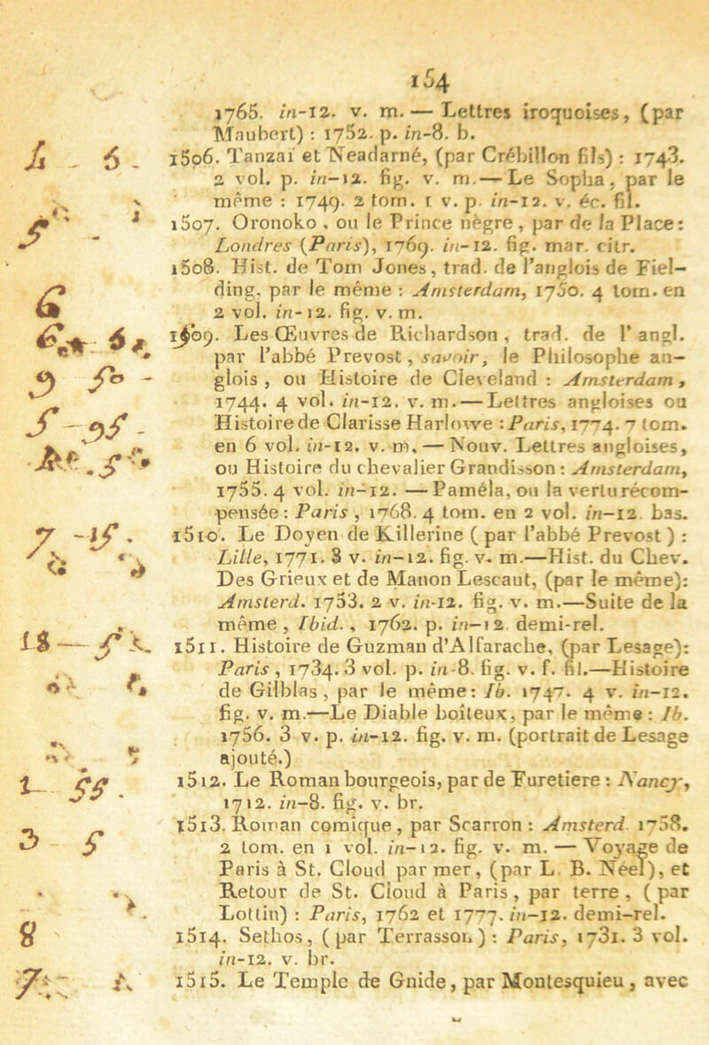 ü - 6. / ■ - '' 9/ - 7 ' i^- « U-/X. r, •r. -; t- i’i?. 5-5- - .X X — 164 1765. m-i2. V. m.— Lettres iroquoises, (par Maubert) ; lySa. p. /n-8. b. l5p6. Tanzai et Neadarné, (par Cr/?hilIon fils) : 1743. 3 vol. p. in-\%. fig. V. m.— Le Sopiia, par le même : 1749. ^ torn. r v. p in-i7. v. éc. fil. 1507. Oronoko . ou le Prince nègre , par de la Place: Londres {Paris)., 1769. in-12. fig. mar. cilr. 1508. Hist. de Tom Jones, trad. de l’anglois de Fiel- ding, par le même ; Amsterdam, ijSo. 4 lorn.en 2 vol. in-12. fig. V. m. 1^09. Les Œuvres de Richardson, trad. de P angl. par Pabbé Prévost, sat^nir, le Philosophe an- glois , ou Histoire de Cie\ eland ; Amsterdam , 1744. 4 vol. in-12. V. m. — Leltres angloises ou Histoire de Clarisse Harlowe -.Paris, I7~4. 7 (om. en 6 vol. ûi-12. V. ni, — Nouv. Lettres angloises, ou Histoire du chevalier Grandisson : Amsterdam, 1755.4 vol. in-i2. —Paméla, ou la verturécom- pensée: Paris , 1768. 4 tom. en 2 vol. in-12 bas. î5io. Le Doyen de Killerine ( par Pabbé Prévost ) : Lille, 1771. S V. i/i-12. fig. V. m.—Hist. du Cliev. Des Grieux et de Manon Lescaut, (par le même): Arnsierd. 1753. 2 v. in-i2. fig. v. m.—Suite de la même , Ibid., 1763. p. in-tz demi-rel. i5ir. Histoire de Guzman d’Alfarache, (par Lesage): Paris , 1784.3 vol. p. i;i-8. fig. v. f. fil.—Histoire de Gilblas , par le même: Ib. 1747. 4 v. in-12. fig. v. m.—Le Diable boiteux, par le même : Ib. \j56. 3 V. p. in-12. fig. V. m. (portrait de Lesage ajouté.) 1512. Le Roman bourgeois, par de Furetiere ; Aancj-, 1712. m-8. fig. V. br. 1513. Roman comique, par Scarron : Amsterd. i'’58. 2 tom. en 1 vol. in-12. fig. v. m. — Voy'age de Paris à St. Cloud par mer, (par L. B. Néei), et Retour de St. Cioud à Paris, par terre, (par LoUin) : Paris, 1762 et 1777.01-12. demi-rel. 1514. Sethos, (par Terrasson ) : Paris, ijSi. 3 vol. in-12. V. br. 1515. Le Temple de Guide, par Montesquieu, avec