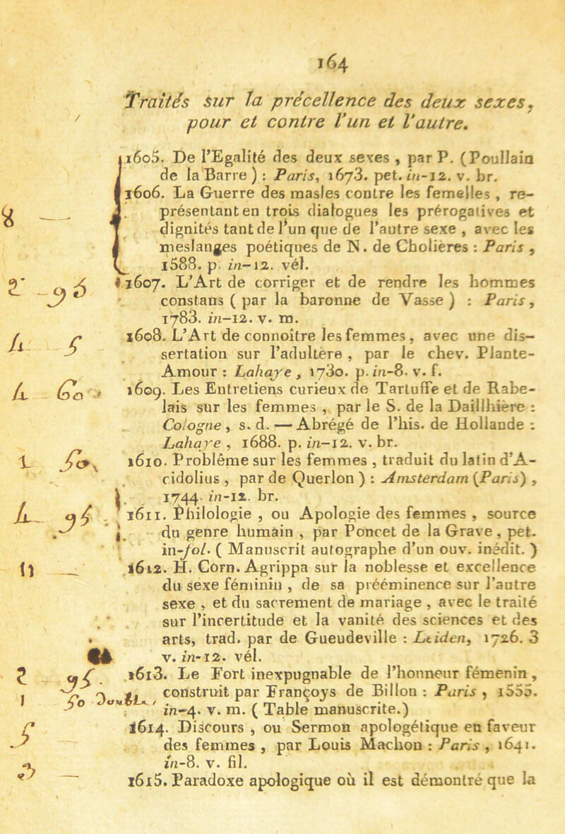 2.' . li L 1 L. U ^^6 Q. a ' ■* 2 I .J 164 Traités sur la précellence des deux sexes, pour et contre Vun et Vautre. 1605. De l’Egalité des deux sexes , par P. (Poullaia de la Barre ) : Paris, léyS. pet. in-iz. v. br. 1606. La Guerre des masles contre les femelles , re- présentant en trois dialogues les prérogatives et dignités tant de l*un que de l’autre sexe , avec les ireslanges poétiques de N. de Cholières : Paris , _ l588. p. in-i2. vél, ♦ 1607. L’Art de corriger et de rendre les hommes constans ( par la baronne de Vasse ) : Paris, 1783. in-12. V. m. 1608. L’Art de connoître les femmes, avec une dis- sertation sur l’adultère , par le chev. Plante- Amour : Lahaje , 1780. p. in-8. v. f. 1609. Les Entretiens curieux de Tartuffe et de Rabe- lais sur les femmes , pur le S. de la Daillhière : Cologne, s. d.—Abrégé de l’his. de Hollande : Lahqre , 1688. p, m-l2. v. br. 1610. Problème sur les femmes , traduit du latin d’A- cidolius , par de Querlon ) ; Amsterdam {Paris) , i 1744’ in-ix. br. até. 1611. philologie , ou Apologie des femmes , source ^  I. du genre humain , par Poncet de la Grave, pet. m-Jol. ( Manuscrit autographe d’un ouv. inédit. ) 16i3. h. Côrn. Agrippa sur la noblesse et excellence du sexe féminin , de sa prééminence sur l’autre sexe , et du sacrement de mariage , avec le traité sur l’incertitude et la vanité des sciences et des • arts, trad. par de Gueudeville : Ltiden, 1726. 3 ^4 V. in-iz. vét. » /■ t6i3. Le Fort inexpugnable de l’honneur fémenin , r. construit par Erancovs de Billon : Paris , i555. ^ ; m-4. V. m. ( Table manuscrite.) ^614. Discours , ou Sermon apologétique en faveur des femmes , par Louis Machon : Paris , 1641. i»-8. V. fil. l6i5. Paradoxe apologique où il est démontré que la