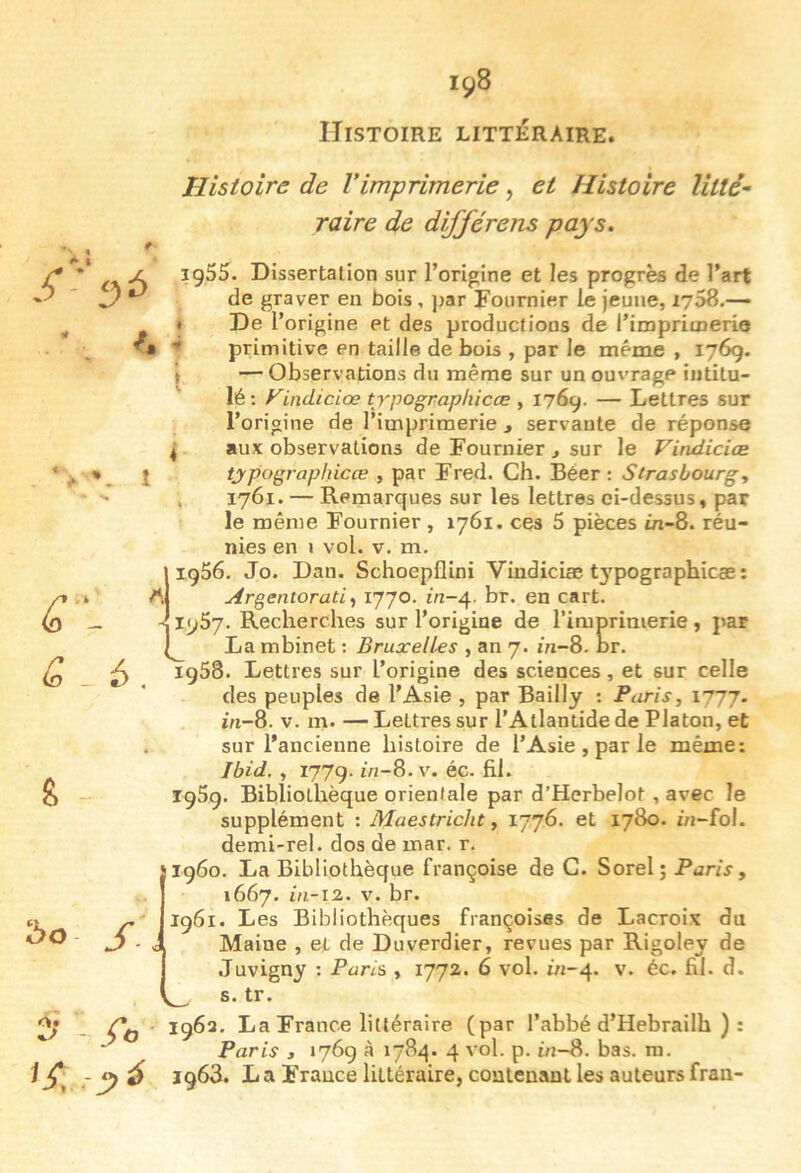 Histoire littéraire. f. V î 6, jT-. ^ é Histoire de Vimprimerie, et Histoire litté- raire de dijférens pays. ig55. Dissertation sur l’origine et les progrès de l’art de graver en bois , par Fournier le jeune, 1758.— « De l’origine et des productions de l’imprimerie * primitive en taille de bois , par le même , 176g. j — Observations du même sur un ouvrage intitu- lé: Vindiciœ trpographicæ , 176g. — Lettres sur l’origine de l’imprimerie , servante de réponse ^ aux observations de Fournier j sur le Vindiciæ trpographicæ , par Fred. Ch, Béer: Strasbourg, . 1761. — Remarques sur les lettres ci-dessus, par le même Fournier, 1761. ces 5 pièces tn-8. réu- nies en i vol. V, m. ig56, Jo. Dan. Schoepflini Viudicim t3'pographicæ : i Argentorati^ t’jjo. m-4. br. en cart. - igSy. Recherches sur l’origine de l’imprimerie, par ^ La mbinet : Bruxelles , an 7. zVz-8. br. lg58. Lettres sur l’origine des sciences, et sur celle des peuples de l’Asie , par Bailly : Paris, 1777. m-8. V. m. — Lettres sur l’Atlantide de Platon, et sur l’ancienne histoire de l’Asie , par le même: Ibid. , 177g. in-8. v. éc. fil. igSg. Bibliothèque orientale par d’Herbelot, avec le supplément : Maestricht, tjj6. et 1780. in-fol. demi-rel. dos de mar. r. ig6o, La Bibliothèque Françoise de G. Sorelj Paris, 1667. i/i-12. V. br. igôi. Les Bibliothèques françoises de Lacroix du Maine , et de Duverdier, revues par Rigoley de Juvigny : Parti , i772.« 6 vol. in-4. v. éc. fil. d. s. tr. igôa, La France littéraire (par l’abbé d’Hebrailh ) : Paris , 176g à 1784. 4 vol. p. in-8. bas. m. ïg63. L a France littéraire, contenant les auteurs fran-