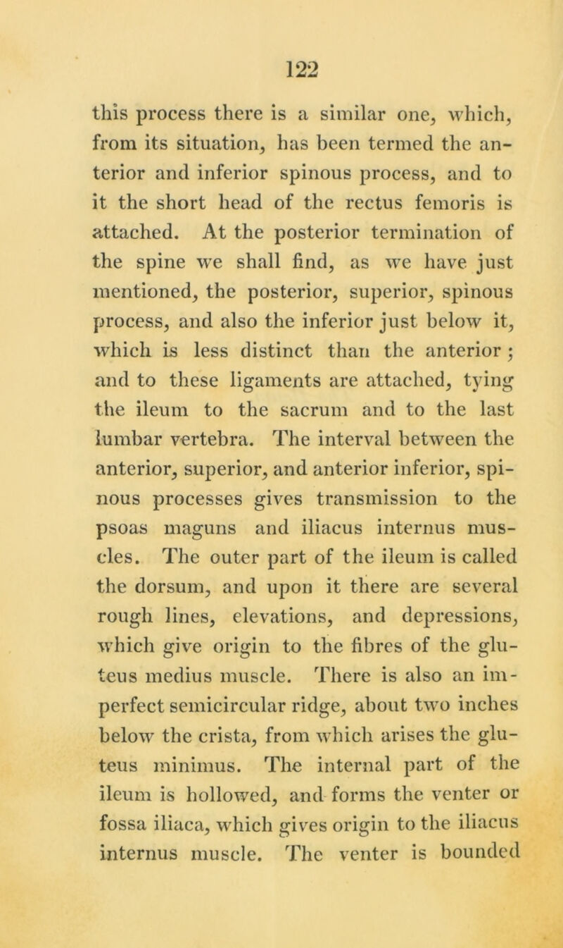 this process there is a similar one, vt'hicli, from its situation, has been termed the an- terior and inferior spinous process, and to it the short head of the rectus femoris is attached. At the posterior termination of the spine we shall find, as we have just mentioned, the posterior, superior, spinous process, and also the inferior just below it, which is less distinct than the anterior; and to these ligaments are attached, tying the ileum to the sacrum and to the last lumbar vertebra. The interval between the anterior, superior, and anterior inferior, spi- nous processes gives transmission to the psoas maguns and iliacus internus mus- cles. The outer part of the ileum is called the dorsum, and upon it there are several rough lines, elevations, and depressions, which give origin to the fibres of the glu- teus medius muscle. There is also an im- perfect semicircular ridge, about two inches below the crista, from which arises the glu- teus minimus. The internal part of the ileum is hollowed, and forms the venter or fossa iliaca, which gives origin to the iliacus internus muscle. The venter is bounded