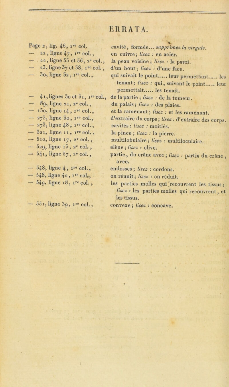 ERRATA. Page 2, lig. 46, ire col, — 22 , ligne 47, ire col., — 22, ligne 55 et 56', 2e col., — 23, ligne 07 et 58, 1rc col., — 3o, ligne 3a, iro col., — 41, lignes 3o et 31, 1rc col., — 8g, ligne 21, 20 col., — i5o, ligne i4, irc col., — 270, ligne 3o, irc col., — 273, ligne 48 , ire col., — 321, ligne 11, ire col. , — 5io, ligne 17, 2e col., — 529, ligne i5, 2e col., —«■ 54i, ligne 57, 2e col., — 548, ligne 4, ire col., — 548, ligne 4o , ire col., — 549, ligne 18, irccol.. — 551, ligne 3g, î^ col., S cavité, formée... supprimez la virgule. en cuivre ; lisez : en acier, la peau voisine ; lisez : la paroi, d’un bout ; Usez : d’une face. qui suivait le point..,., leur permettant les tenant; lisez : qui, suivant le point leur permettait les tenait. de la partie ; Usez : de la tumeur. du palais ; Usez : des plaies. et la ramenant; lisez : et les ramenant. d extraire du corps ; Usez : d’extraire des corps. cavités; lisez : moitiés. la pince ; Usez : la pierre. multilobulaire ; Usez : multiloculaire. alêne ; Usez : olive. partie, du crâne avec ; Usez : partie du crâne , avec. endosses ; lisez : cordons, on réunit; lisez : on réduit, les parties molles qui 'recouvrent les tissus ; Usez : les parties molles qui recouvrent, et les tissus. convexe ; Usez : concave.