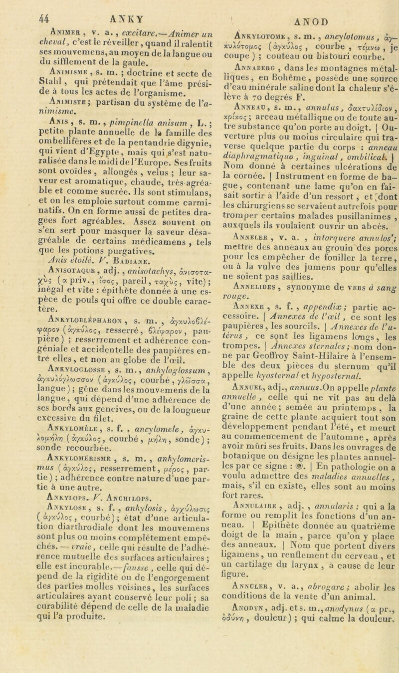 Animer, v. a. , cxcitarc.—Animer un cheval, c’est le réveiller, quand il ralentit ses înouvemens, au moyen de la langue ou du sifflement de la gaule. Animisme , s. m. ; doctrine et secte de Stald , qui prétendait que l’âme prési- de à tous les actes de l’organisme. Animiste; partisan du système de l’n- nimismc. Anis , s. m., pimpinelta anisum , L. ; petite plante annuelle de la famille des ombellifères et de la pentandrie digynie, qui vient d’Egypte, mais qui s’est natu- ralisée dans le midi de l’Europe. Ses fruits sont ovoïdes , allongés , velus ; leur sa- veur est aromatique, cliaude, très agréa- ble et comme sucrée. Ils sont stinndans, et on les emploie surtout comme carmi- natifs. On en forme aussi de petites dra- gées fort agréables. Assez souvent on s’en sert pour masquer la saveur désa- gréable de certains inédieamens , tels que les potions purgatives. Anis étoile. V. Badiane. Anisotaque , adj. , anisoiachys, àvicora- Xv; ( a priv., taoç, pareil, , vite); inégal et vite : épilhète donnée à une es- pèce de pouls qui offre ce double carac- tère. Ankyt.oblkphabon , s. m. , àyxvloSlé- wapov ( àyxvÀoç, resserré, 6).£<papov , pau- pière ) ; resserrement et adhérence con- géniale et accidentelle des paupières en- tre elles, et non au globe de l’œil. Ankyloglosse , s. m., anhytoglossum , ayxVAoyAWGdov (ôcyxvÀoç, courbé , j'/Uocrca , langue ) ; gêne dans les mouvemens de la langue, qui dépend d’une adhérence de ses bords aux gencives, ou de la longueur excessive du filet. Ankylomèle, s. f. , ancylomclc, àyxv- A0p.-r,\-n (àyxu)o;, courbé, pftv), sonde); sonde recourbée. Ankylomérisme , s. m. , ankylomeris- mus (àyxv);o;, resserrement, p/poç, par- tie) ; adhérence contre nature d’une par- tie à une autre. Ankyi.ops. V. Anchii.ops. Ankylosé, s. f. , anhylosis, o.yy\i\wGiç ( âyxvXo;, courbé); état d’une articula- tion diarthrodiale dont les mouvemens sont plus ou moins complètement empê- chés. — vraie, celle qui résulte de l’adhé- rence mutuelle des surfaces articulaires ; elle est incurable.— fausse , celle qui dé- pend de la rigidité ou de l’engorgement des parties molles voisines, les surfaces articulaires ayant conservé leur poli ; sa curabilité dépend de celle de la maladie qui l’a produite. A N O D Ankylotomk, s. m. , ancylolomus, cxy- xuXot 0[A0( (cxyxvl oç , courbe, r/fj-vca , je coupe ) ; couteau ou bistouri courbe. Annabehg , dans les montagnes métal- liques , en Bohême , possède une source d’eau minérale saline dont la chaleur s’é- lève à 70 degrés F. Anneau, s. m., annulus, (JaxvuAicîiov , xpexoç ; arceau métallique ou de toute au- tre substance qu’on porte au doigt. | Ou- verture plus ou moins circulaire qui tra- verse quelque partie du corps : anneau diaphragmatique, inguinal, ombilical. | Nom donné à certaines ulcérations de la cornée. | Instrument en forme de ba- gue, contenant une lame qu’on en fai- sait sortir à l’aide d’un ressort , et'dont les chirurgiens se servaient autrefois pour tromper certains malades pusillanimes , auxquels ils voulaient ouvrir un abcès. Annkleh , v. a. , inlorqucre annulos'; mettre des anneaux au grouin des porcs pour les empêcher de fouiller la terre, ou à la vulve des jumens pour qu’elles ne soient pas saillies. Annelides , synonyme de vers à sang rouge. Annexe , s. f. , appendice ; partie ac- cessoire. | Annexes de l’œil, ce sont les paupières, les sourcils. | Annexes de l’u- térus , ce sont les ligamens lccngs, les trompes, j Annexes sternales; nom don- ne par Geoffroy Saint-llilaire à l’ensem- ble des deux pièces du sternum qu’il appelle liyosternal et hyposternal. Annuel, adj., annuus.On appelle plante annuelle , celle qui ne vit pas au delà d’une année ; semée au printemps , la graine de cette plante acquiert tout son développement pendant l’été, et meurt au commencement de l’automne, après avoir mûri ses fruits. Dans les ouvrages de botanique on désigne les plantes annuel- les par ce signe : (*). | En pathologie on a voulu admettre des maladies annuelles , mais, s’il en existe, elles sont au moins fort rares. Annulaire , adj. , annularis ; qui a la forme ou remplit les fonctions d’un an- neau. j Epithète donnée au quatrième doigt de la main , parce qu’on y place des anneaux. | Nom que portent divers ligamens, un rendement du cerveau , et un cartilage du larynx , à cause de leur figure. Annuler, v. a., abrogarc ; abolir les conditions de la vente d’un animal. Anodyn, adj. et s. m,,anodynus (« pr., o<Wvv), douleur) ; qui calme la douleur.